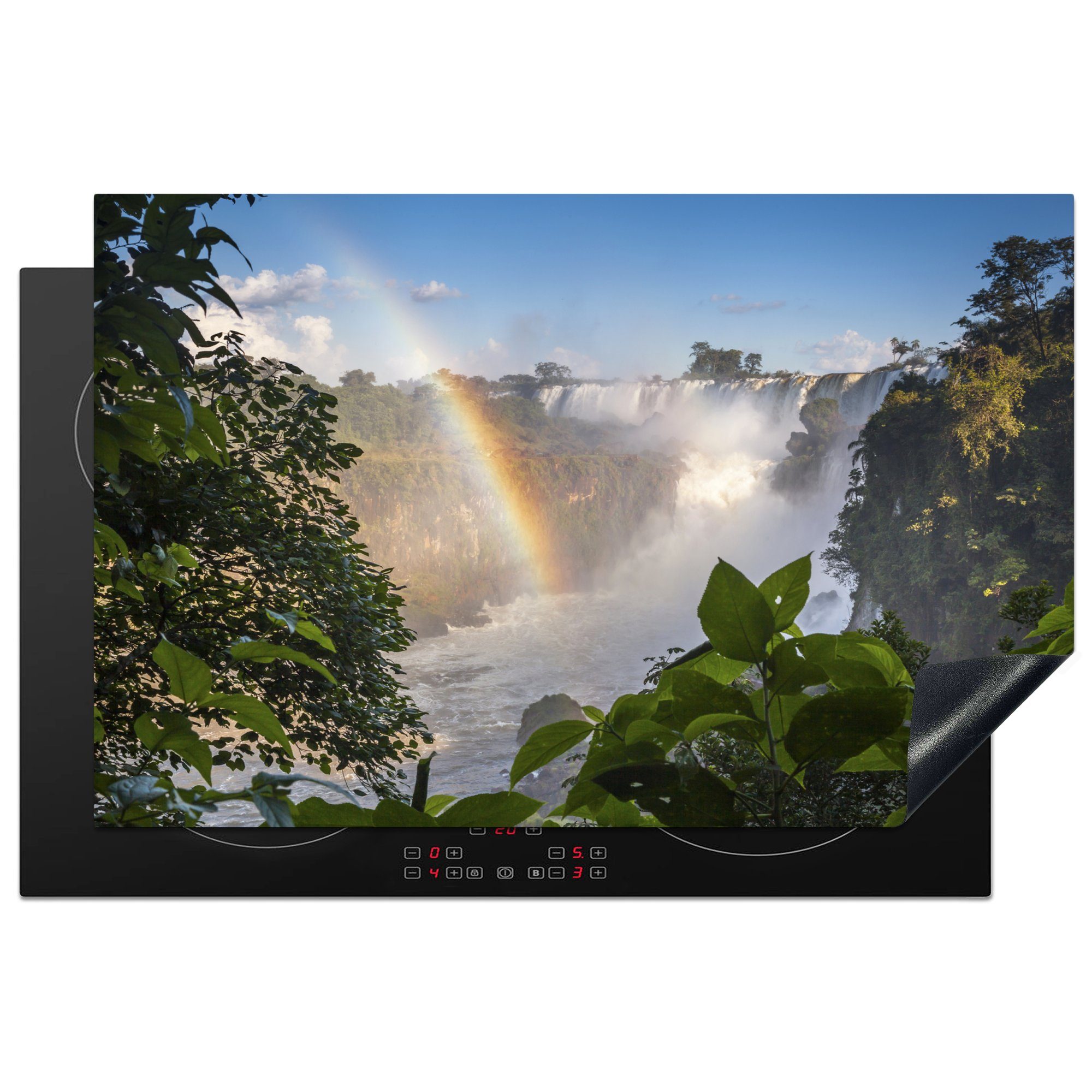 Regenbogen cm, - Wasserfall die MuchoWow - (1 Herdblende-/Abdeckplatte Schutz für Induktionskochfeld tlg), Vinyl, 81x52 Tropisch, Ceranfeldabdeckung küche,