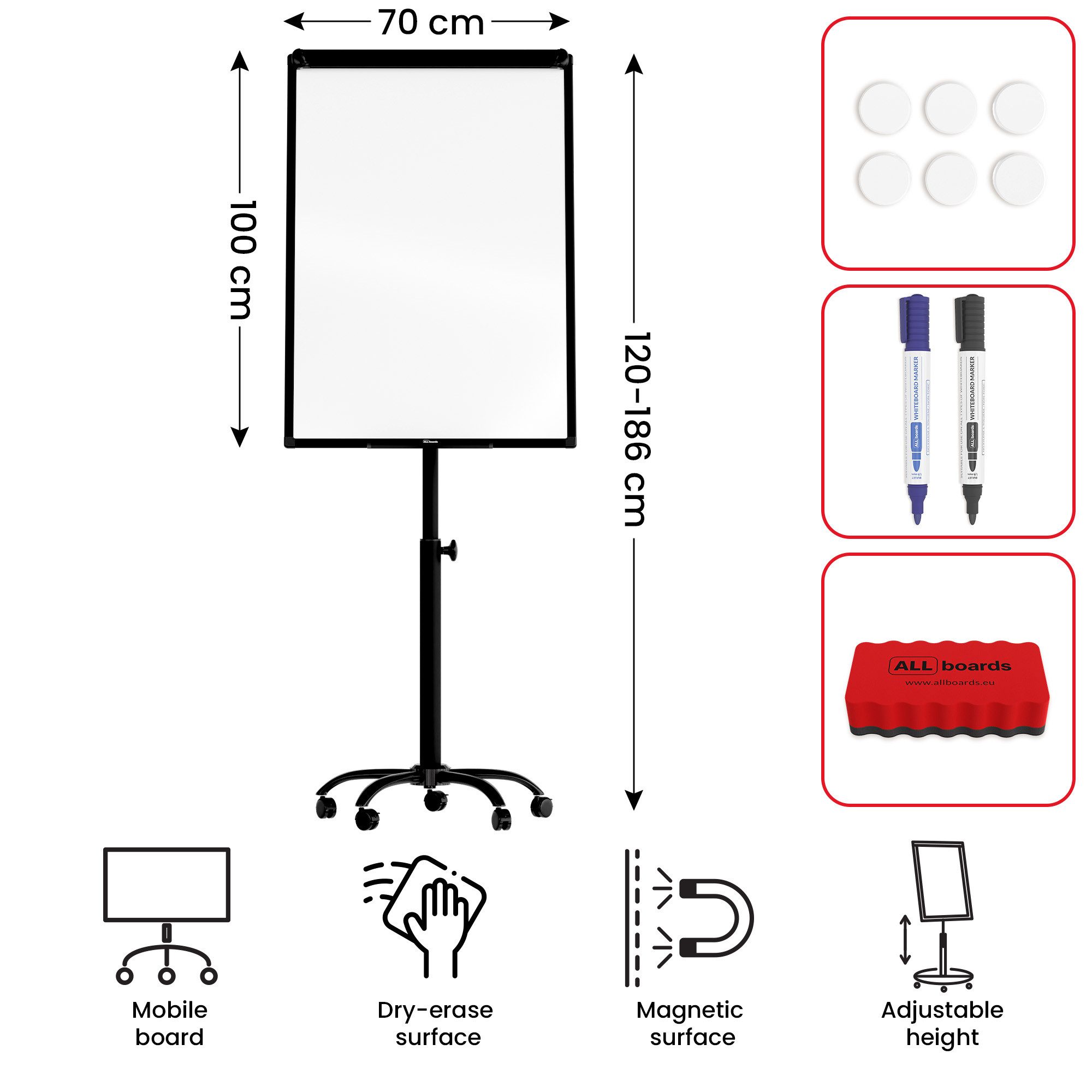 ALLboards Magnettafel Mobiles magnetisches Whiteboard-Flipchart auf Rollen, 100 x 70 cm