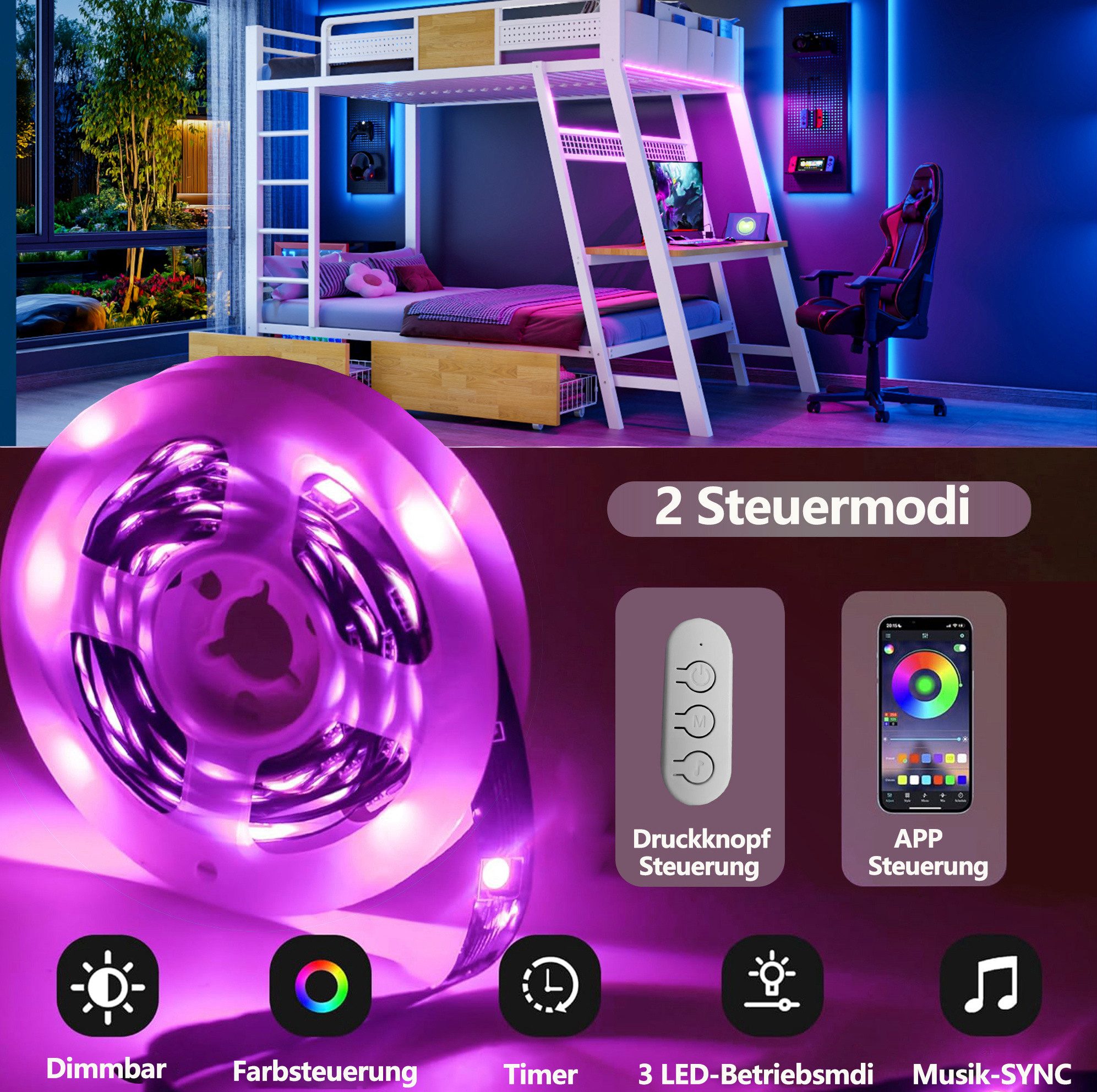 MODFU Etagenbett Eisenbett mit Schreibtisch für Gaming, LED-Lichtband, Steckdosen (90x200 cm, mit USB-Anschlüssen und zusätzlichem Stauraum, Kinderbett), Jugendbett, ohne Matratze
