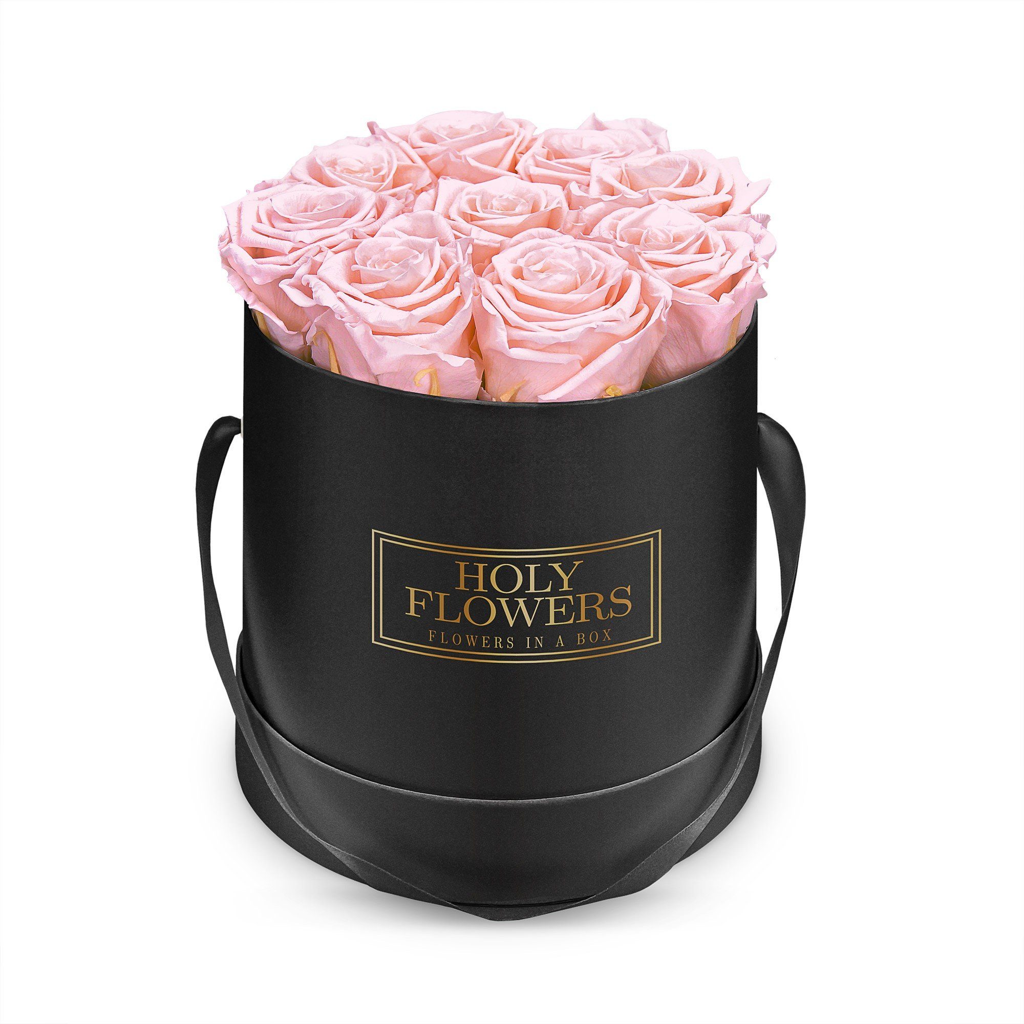 Kunstblume Runde Rosenbox in schwarz mit 8- 12 Infinity Rosen I 3 Jahre haltbar I Echte, duftende konservierte Blumen I by Raul Richter Infinity Rose, Holy Flowers, Höhe 14 cm Pink Blush