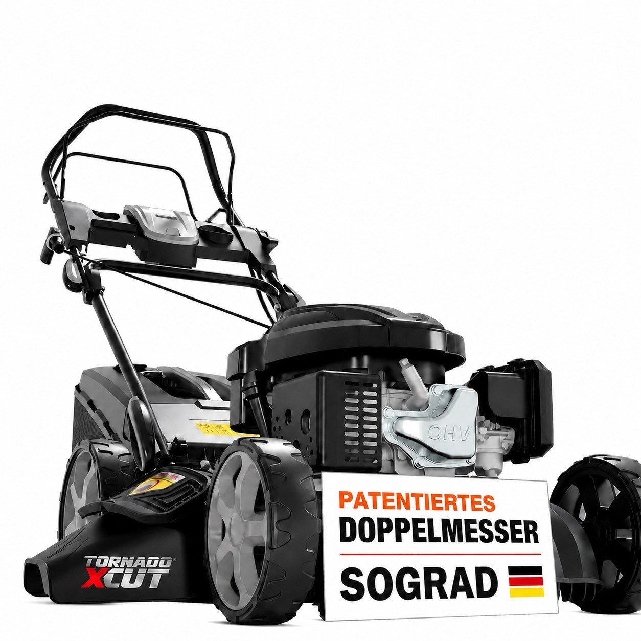 Onbest Benzinrasenmäher mit Antrieb, 5in1, 60 Liter Fangkorb, 51 cm Schnittbreite, 6,5 PS, Mulchkit, Sograd-Lüfterrad