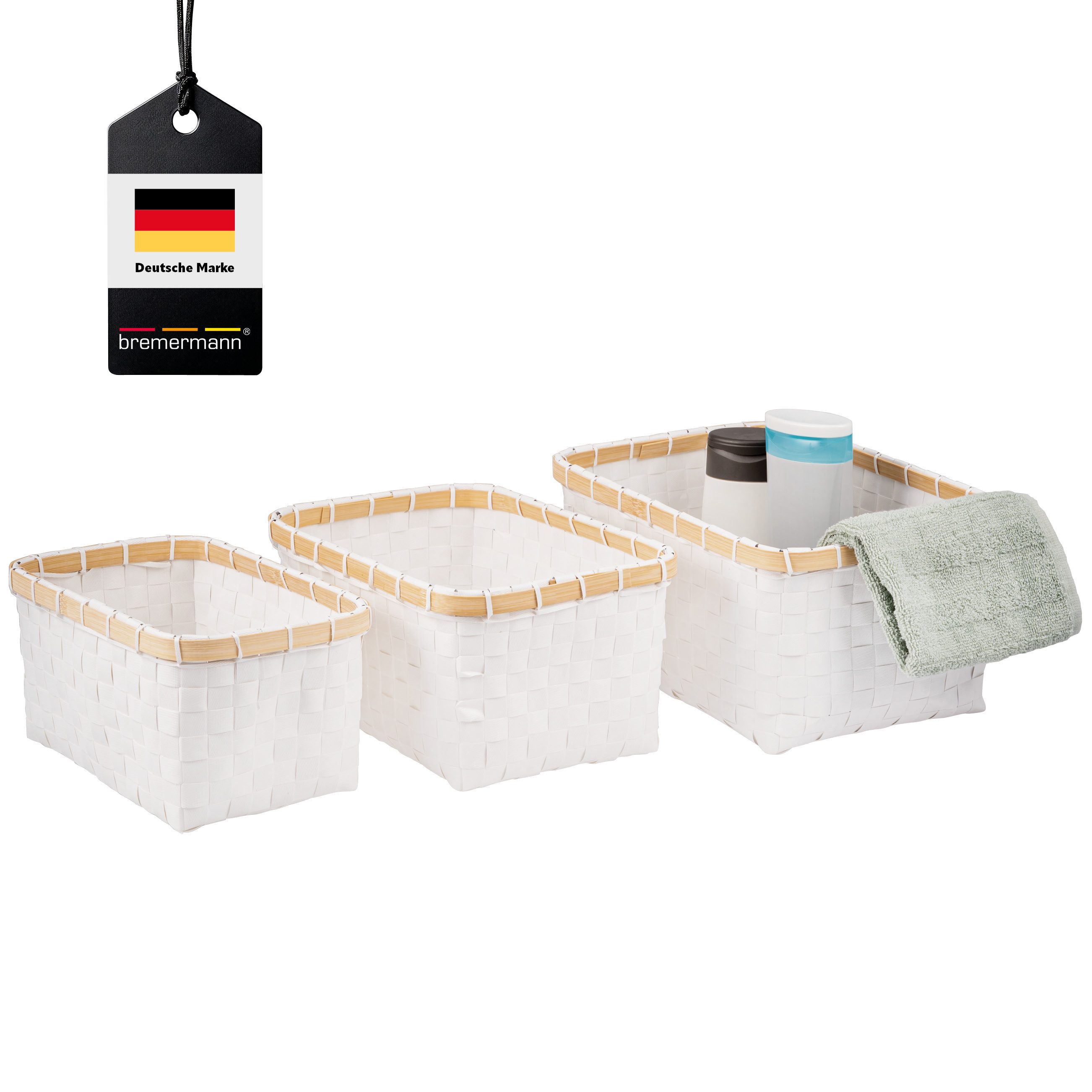 bremermann Aufbewahrungskorb Aufbewahrungskörbe 3er Set, Bambus/PP-Streifen, 25,5 + 28 + 31 cm (3 St., 3 verschiedene Größen)