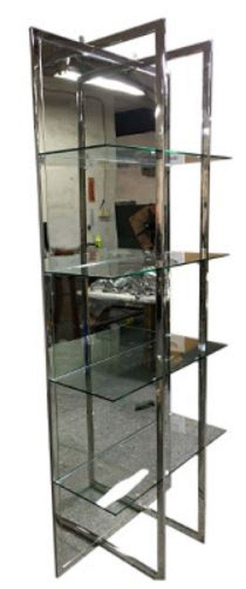 Casa Padrino Stauraumschrank Luxus Regalschrank Silber 80 x 35 x H. 200 cm - Edelstahl Schrank mit 4 Glasregalen und großem Spiegel - Wohnzimmerschrank - Wohnzimmermöbel