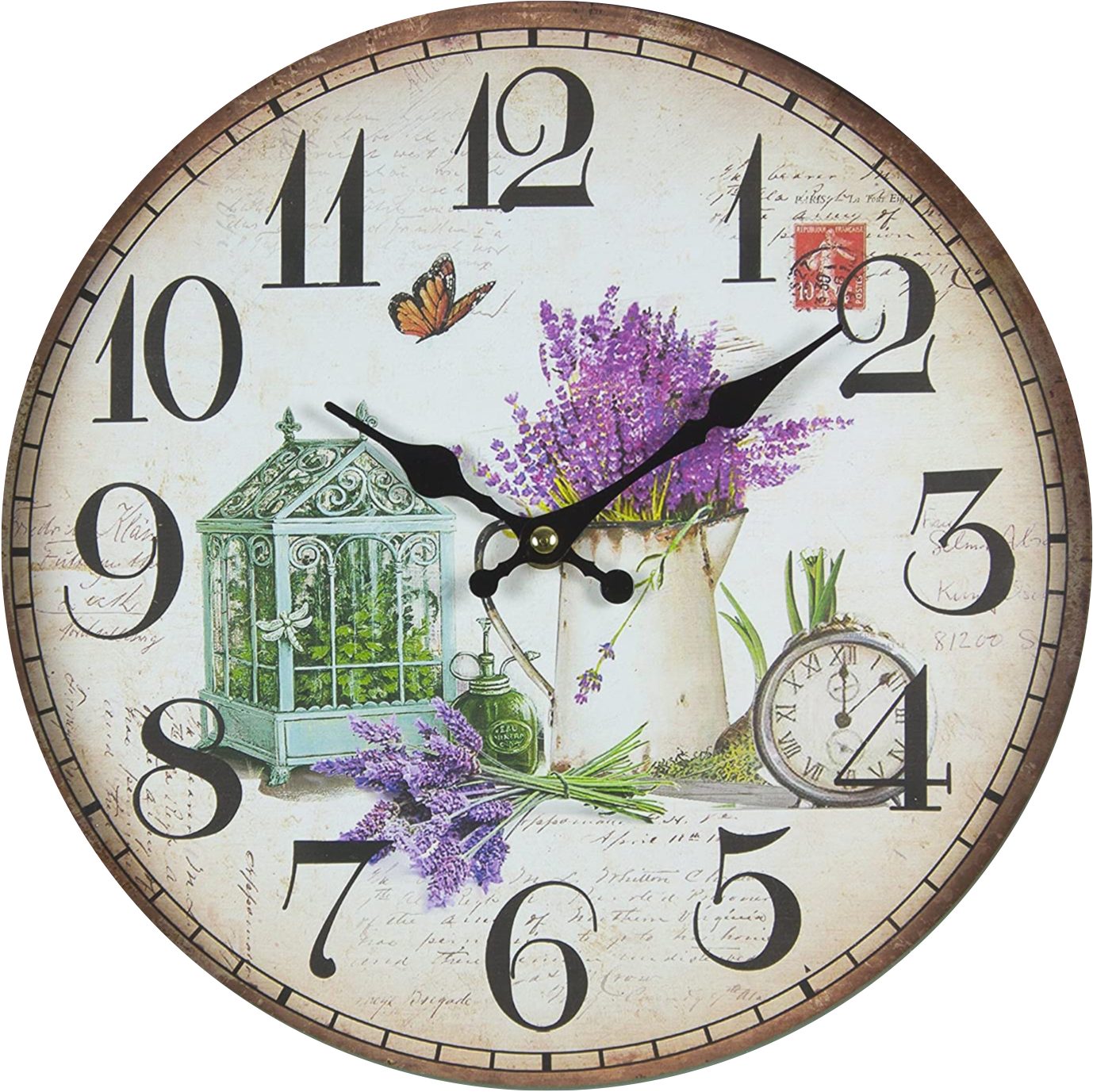 PERLA pd DESIGN Wanduhr Vintage-Wanduhr Lavendelmotiv geräuschlos Ø28cm MDF Design (Geräuschloses Uhrwerk, Lavendelmotiv, MDF-Holz, Wandmontage)
