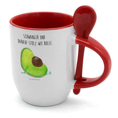 Mr. & Mrs. Panda Tasse Avocado Schwangerschaft - Weiß - Geschenk, Kaffeetasse, Tasse mit Löf, Keramik, Farbiger Löffel
