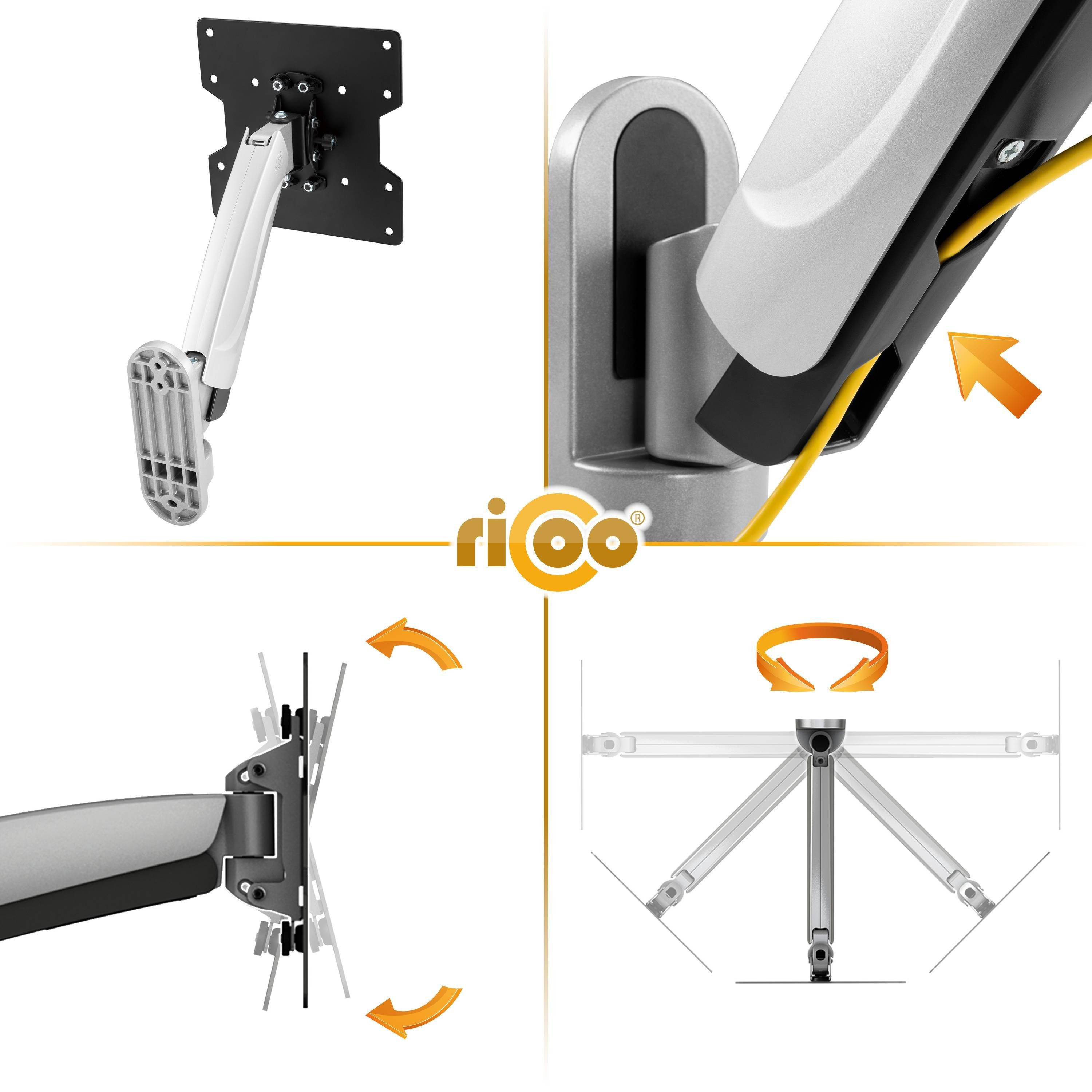 RICOO TV-Wandhalterung Gasfeder Monitor Wandhalterung mit Schwenk- und Neigefunktion S2622, (bis 50 Zoll, VESA bis 200x200, 1-tlg., 20 Kg Aufnahme, 27" bis 50" (69-127 cm) Höhenverstellung per Gasfeder, bis 30° Neigung, bis 180° Schwenkung, ausziehbar Monitor Wand Halter)