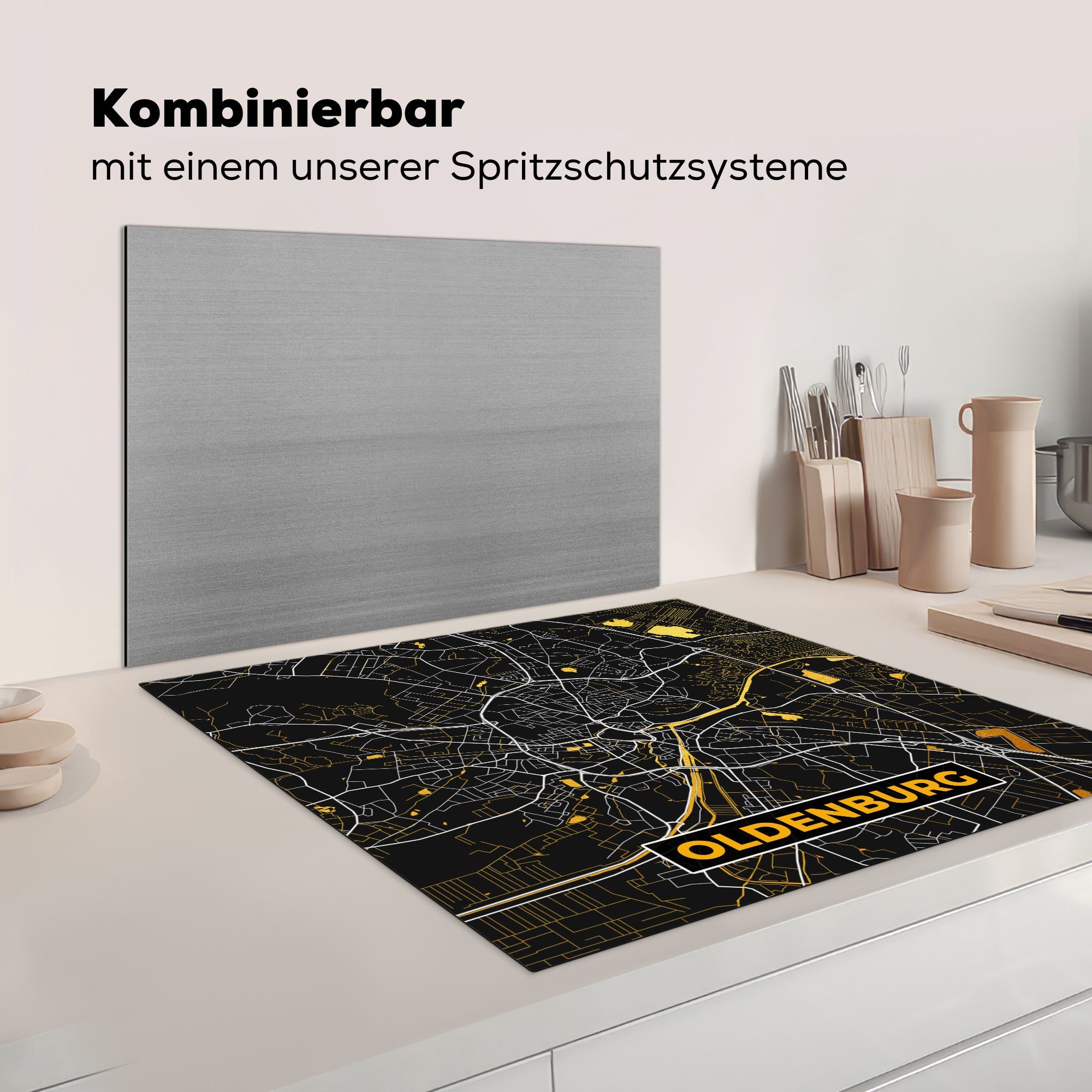 Stadtplan Karte küche MuchoWow - Gold Ceranfeldabdeckung, Vinyl, 78x78 - Herdblende-/Abdeckplatte Arbeitsplatte - cm, (1 tlg), für Oldenburg, - Deutschland