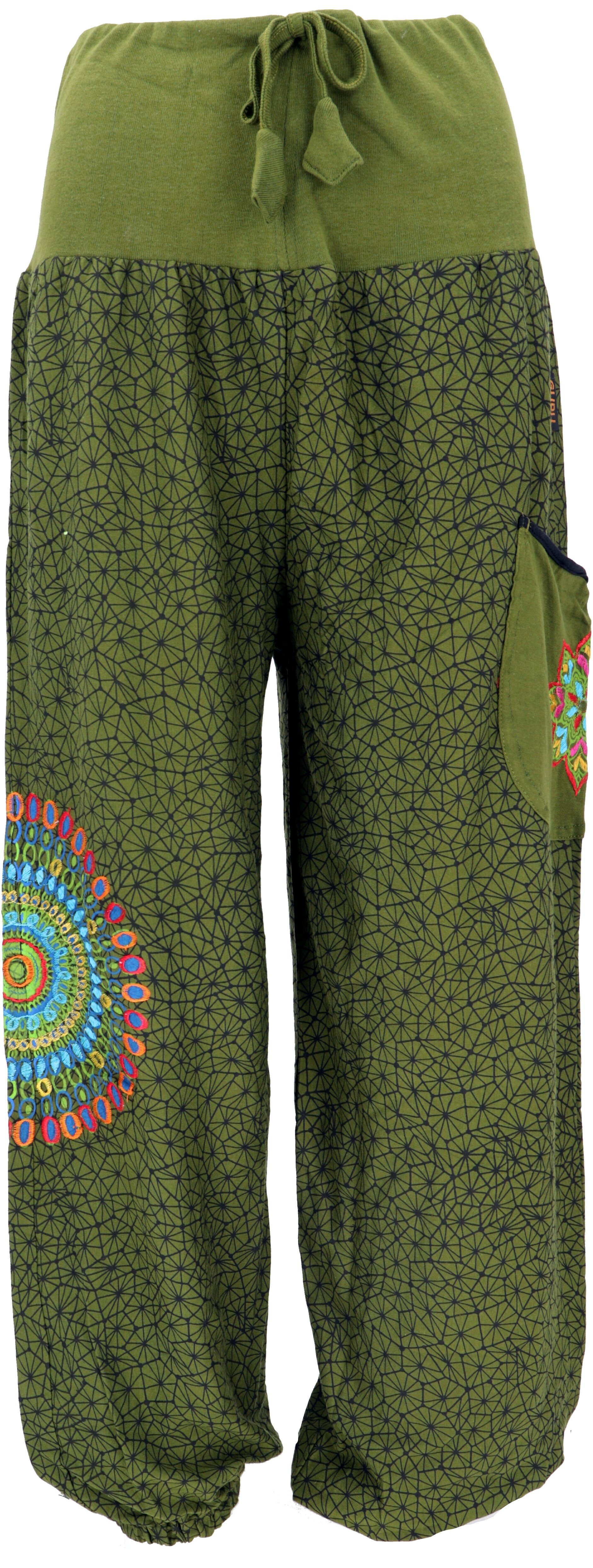 Guru-Shop Relaxhose Weite Pluderhose mit breitem Bund und.. Ethno Style, alternative Bekleidung olivgrün