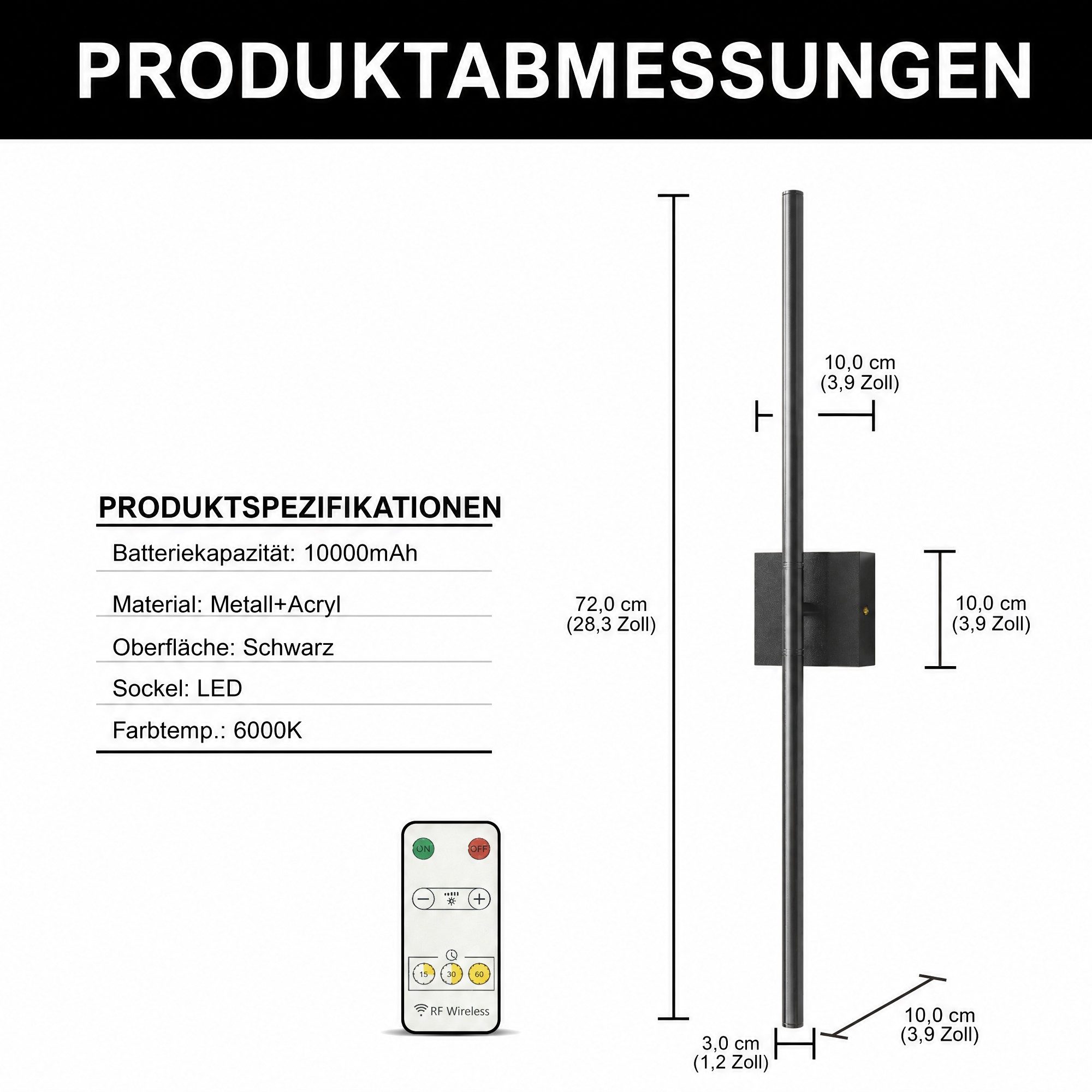 LOHAS-LED LED Wandleuchte 2er Set kabellose Wandlampe 72cm, 10000mAh 6000K, LED fest integriert, Kaltweiß, mit Akku, Touch-Funktion und RF-Fernbedienung, stufenlos dimmbar
