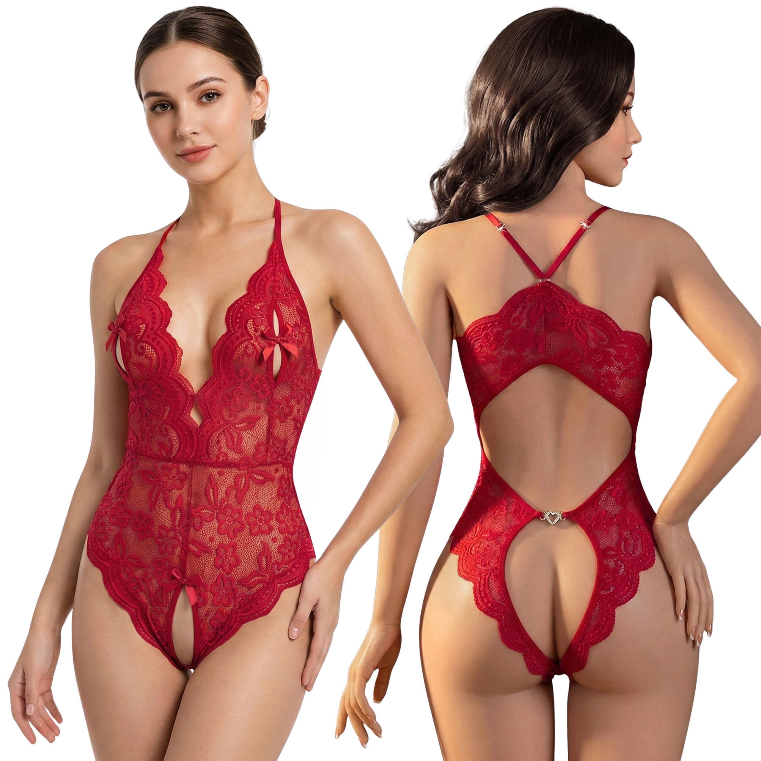 Sarcia.eu Body-Ouvert Sexy Spitzenbody Damen – tiefer Ausschnitt, rückenfrei, bordeaux
