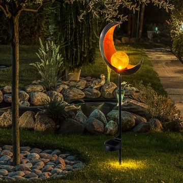 etc-shop Gartenleuchte, LED-Leuchtmittel fest verbaut, 3er Set LED Solar Lampen Mond Steck Leuchte Crackle Glas Außen Flammen
