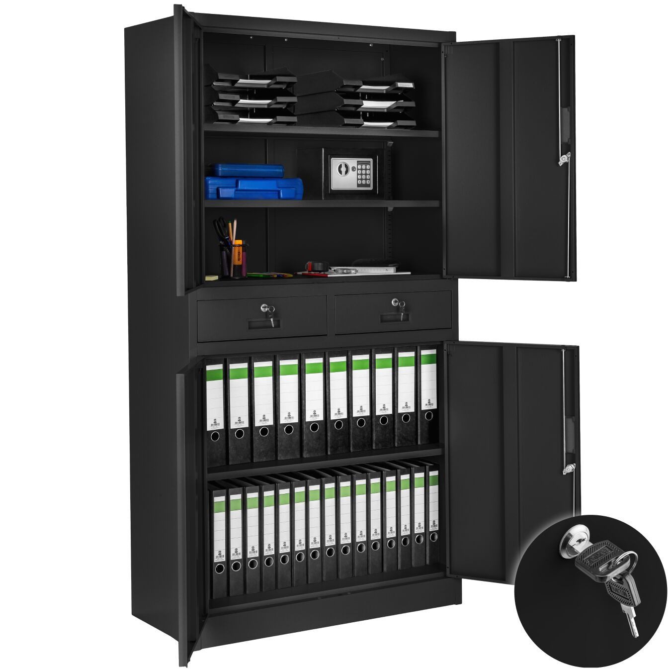 tectake Aktenschrank Büroschrank Cosmo mit 2 Schubfächern 40x80x180cm (Komplettset, 1-St., inkl. 8 Schlüssel) aus pulverbeschichtetem Stahl