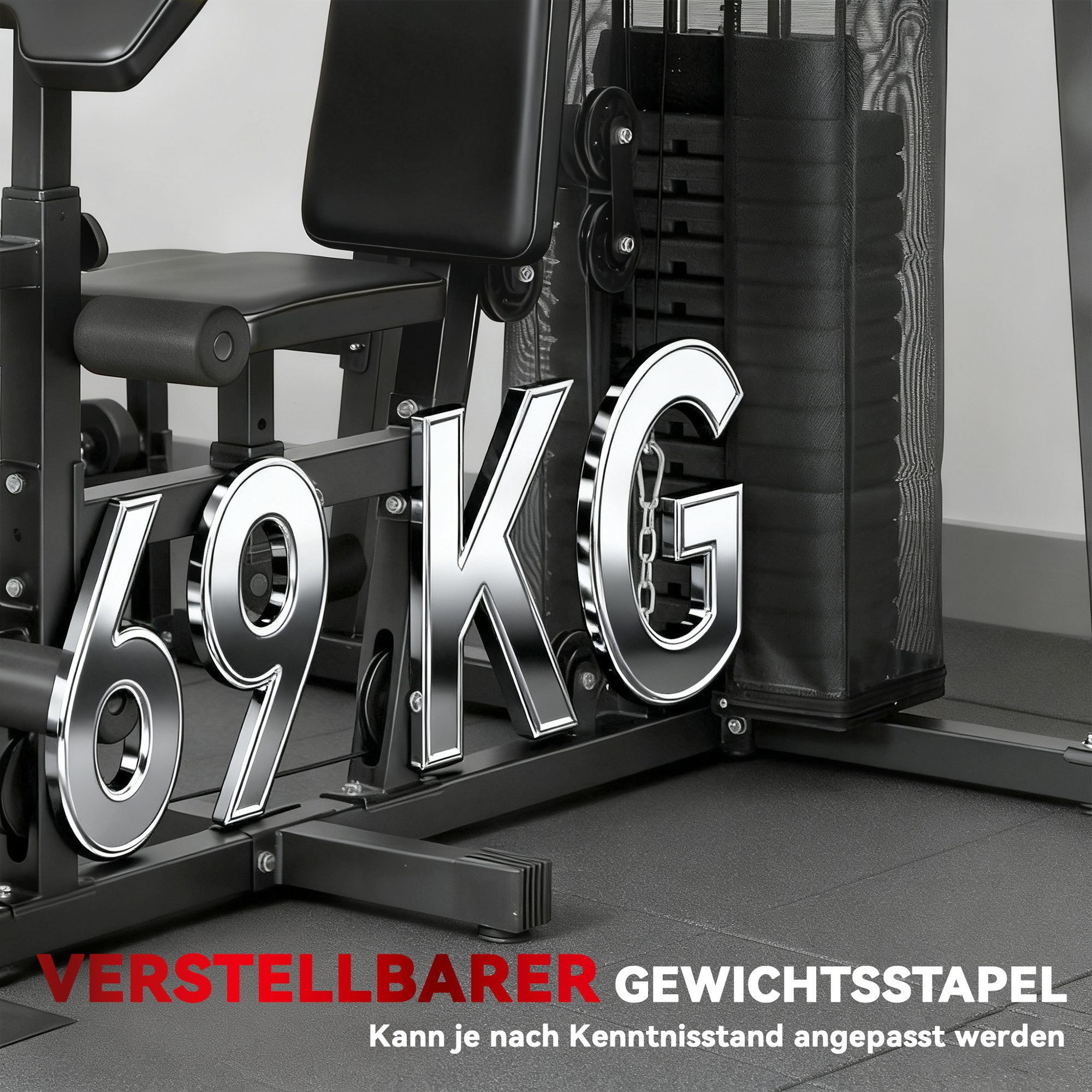 SPORTNOW Kraftstation mit Latzug, Butterflystange, 69kg Gewichten, Seil, verstellbar Bank, 12 Gewichtsblöcke (Fitnessstation, 1-tlg., Multistation), bis zu 120kg belastbar, für Zuhause