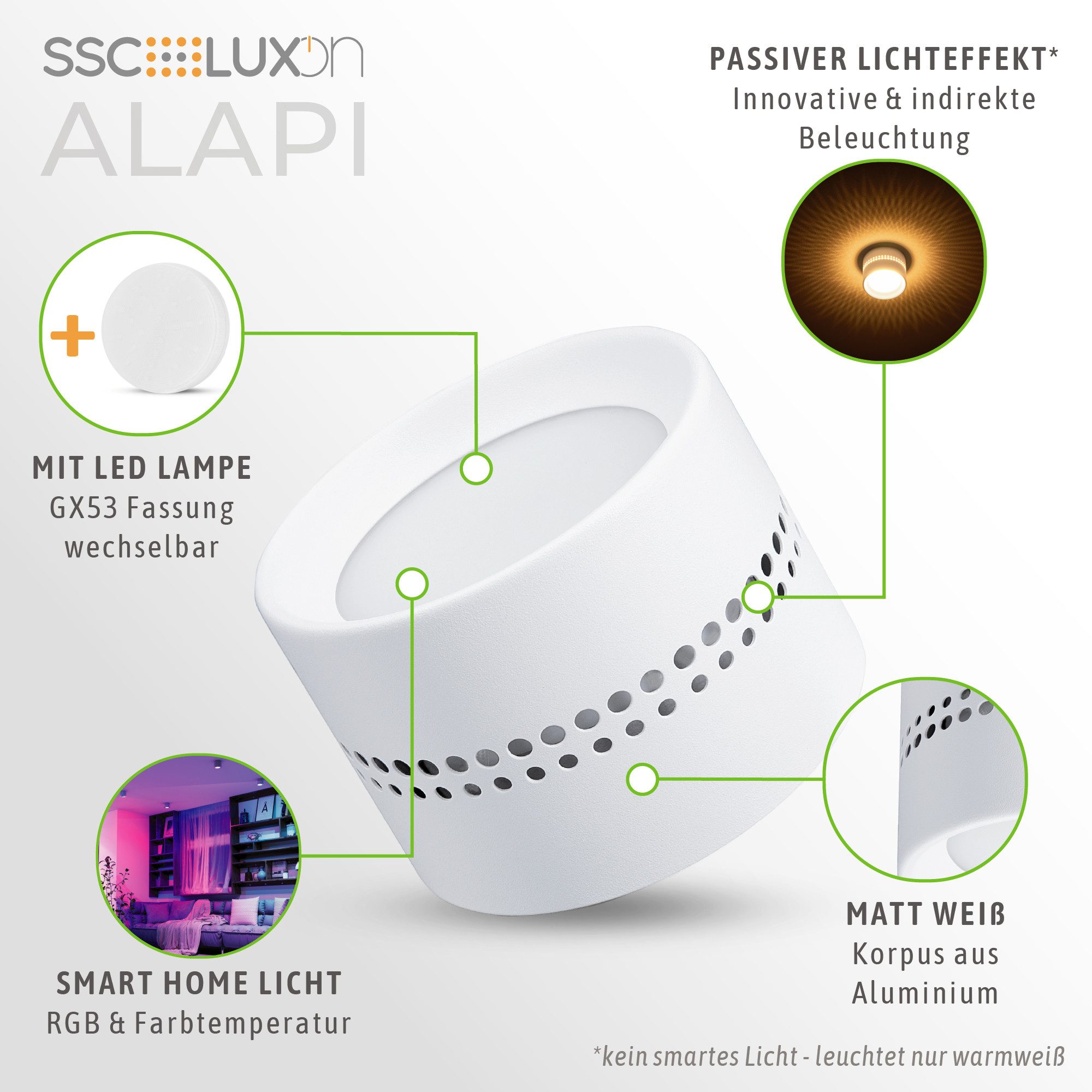 SSC-LUXon LED Aufbaustrahler ALAPI Deckenspot weiß rund mit GX53 Smart Home LED RGBW WiFi, Smart