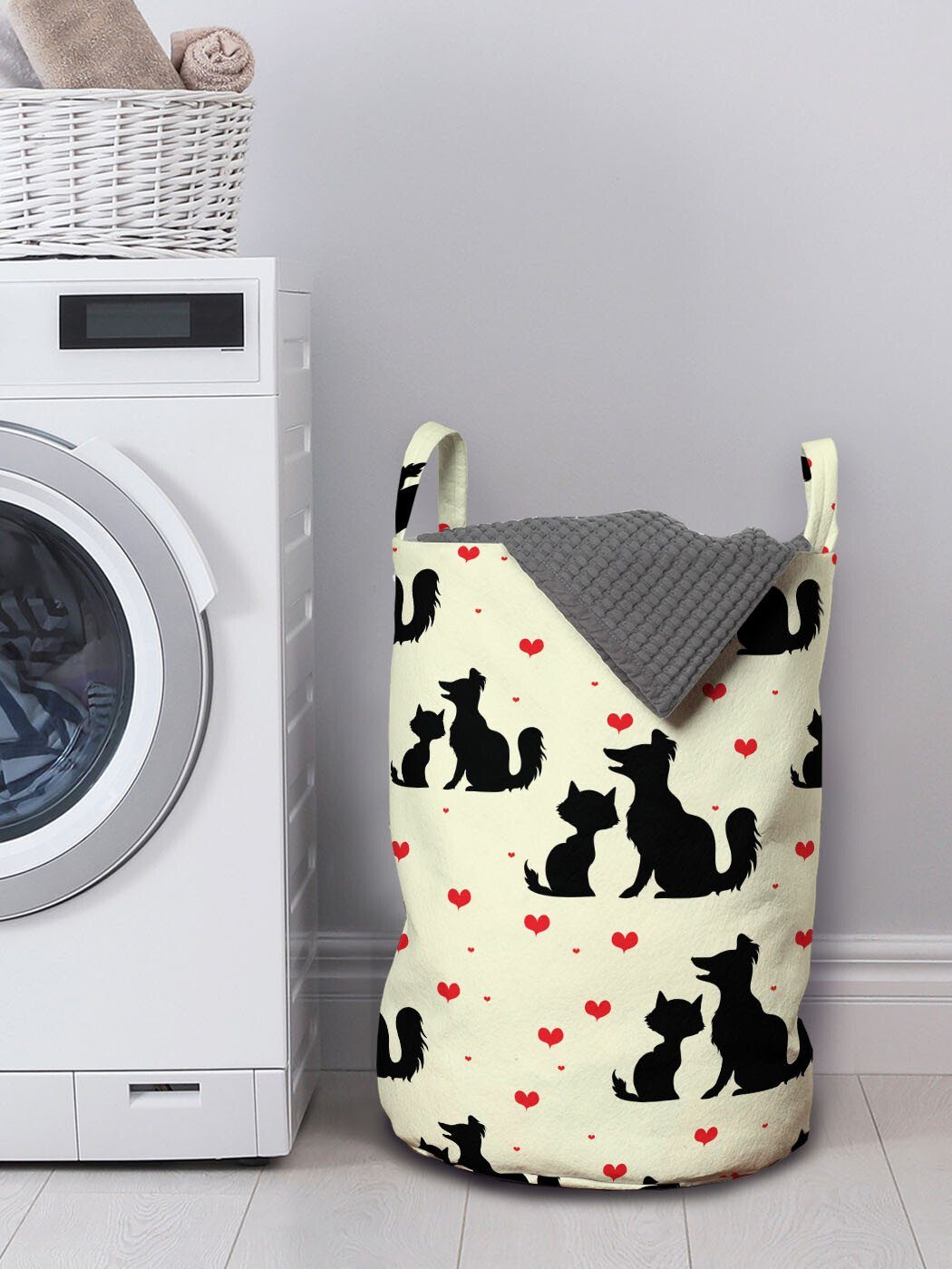 Wäschekorb Schwarz und Kordelzugverschluss Hund für mit Abakuhaus Griffen Katze Liebe Wäschesäckchen Waschsalons, Haustier Rot