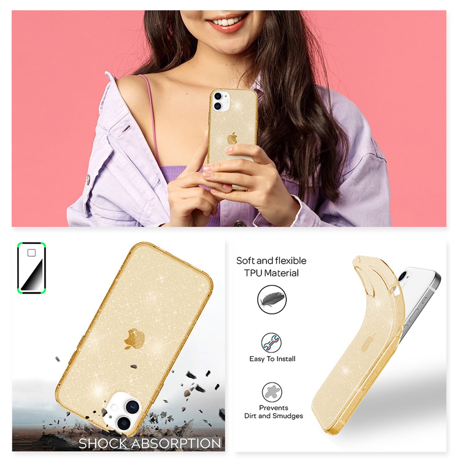 Nalia Smartphone-Hülle Apple iPhone 12 Mini 13,7 cm (5,4 Zoll), Klare Glitzer Hülle / Silikon Transparent / Glitter Cover / Bling Case