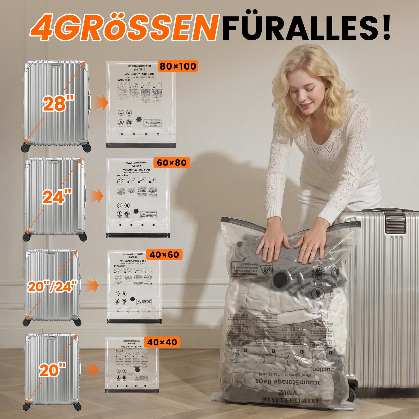 Bundviel Kofferorganizer Vakuumbeutel für Kleidung mit kabelloser Vakuumpumpe 13 Stück (Set, 12-tlg), 4 Größen ideal für Kleidung, Handgepäck und ordentliches Packen