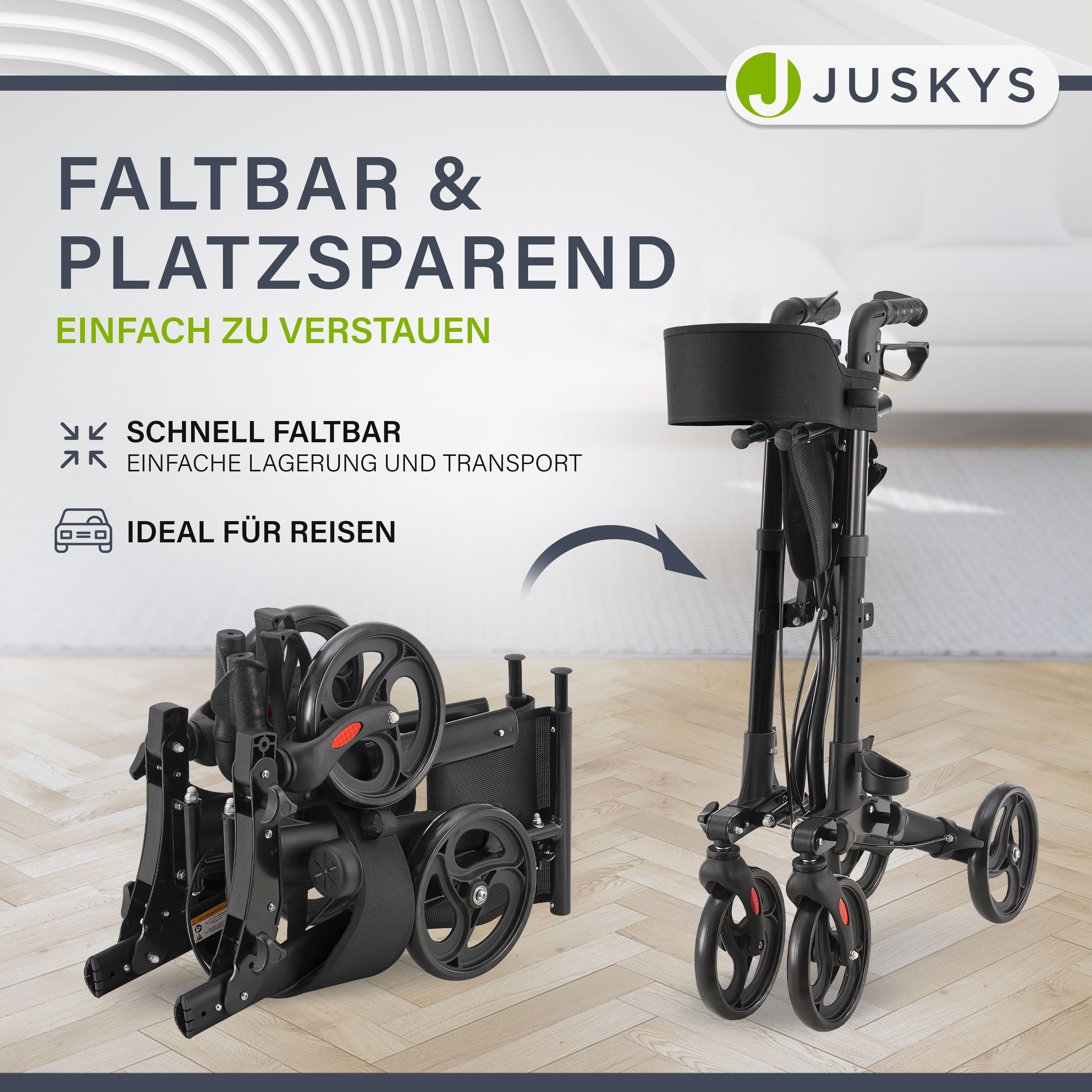 Juskys Rollator Vital, klappbar, mit Sitz, Einkaufstasche und Gehstockhalterung