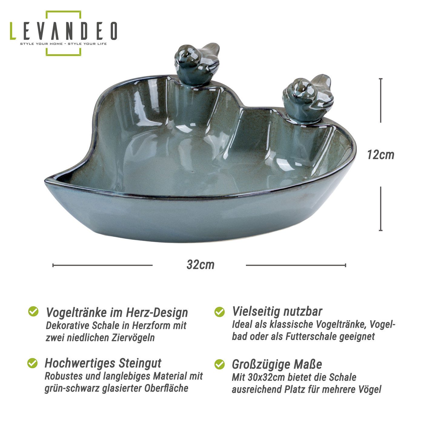 Levandeo® Vogeltränke Vogeltränke Garten Grün Steingut Glasiert Vogelbad Vogelbecken Wassers – Bild 2 von 5
