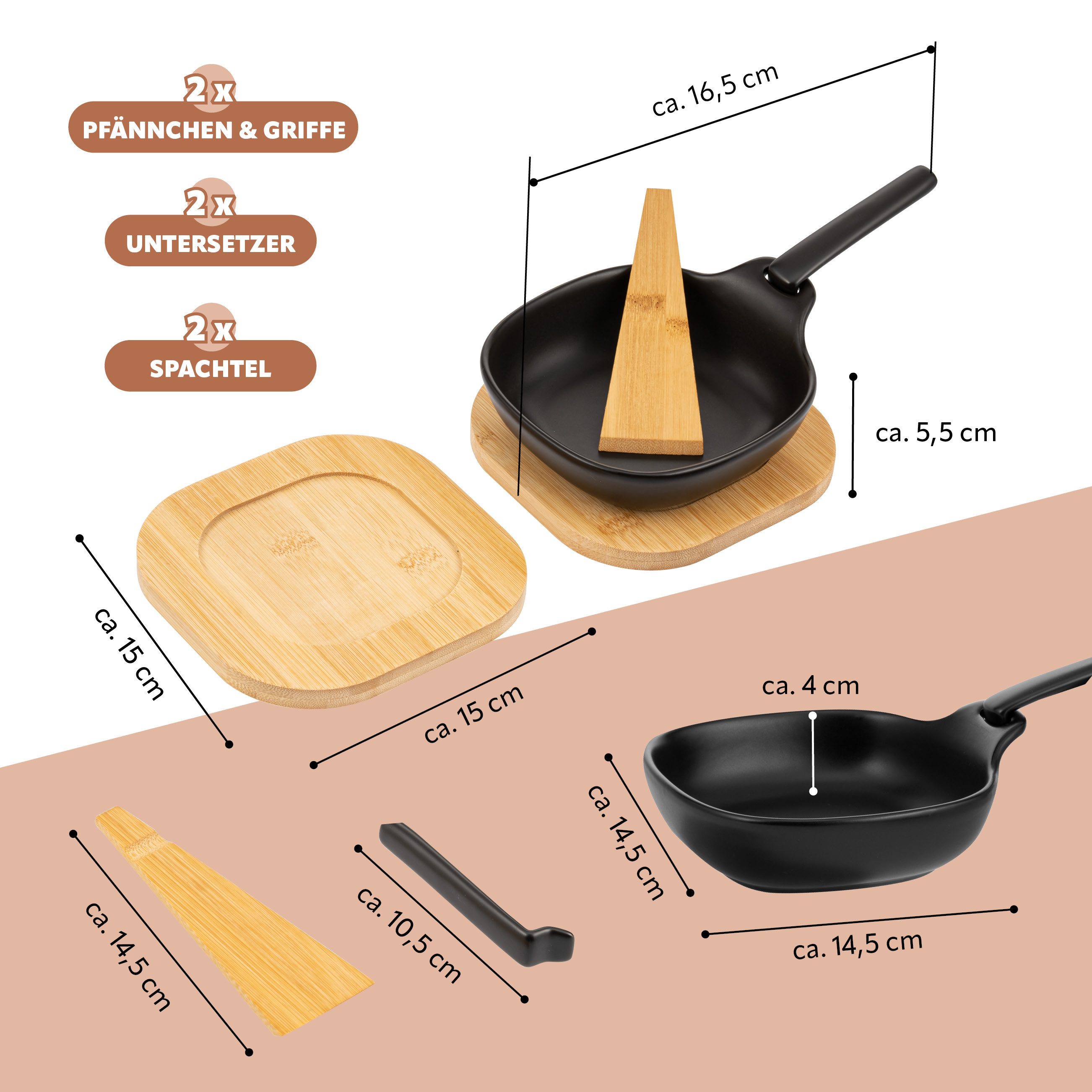 bremermann Grillpfanne Grillpfännchen 2er inkl. Bambus-Untersetzern und Bambus-Schabern, (2-tlg)