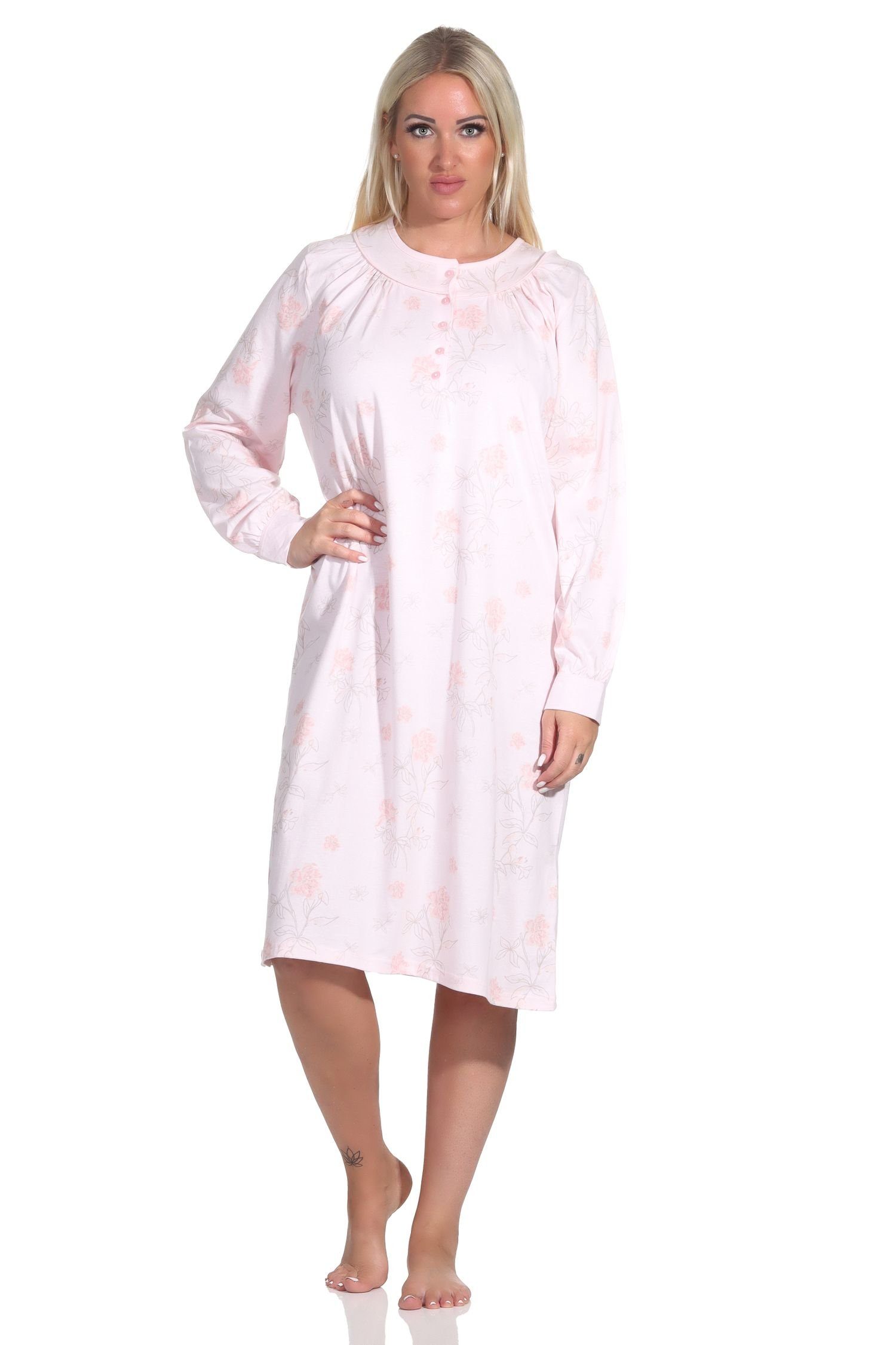 Normann Nachthemd Damen Nachthemd langarm in fraulicher Optik mit Knopfleiste am Hals rosa | Nachthemden