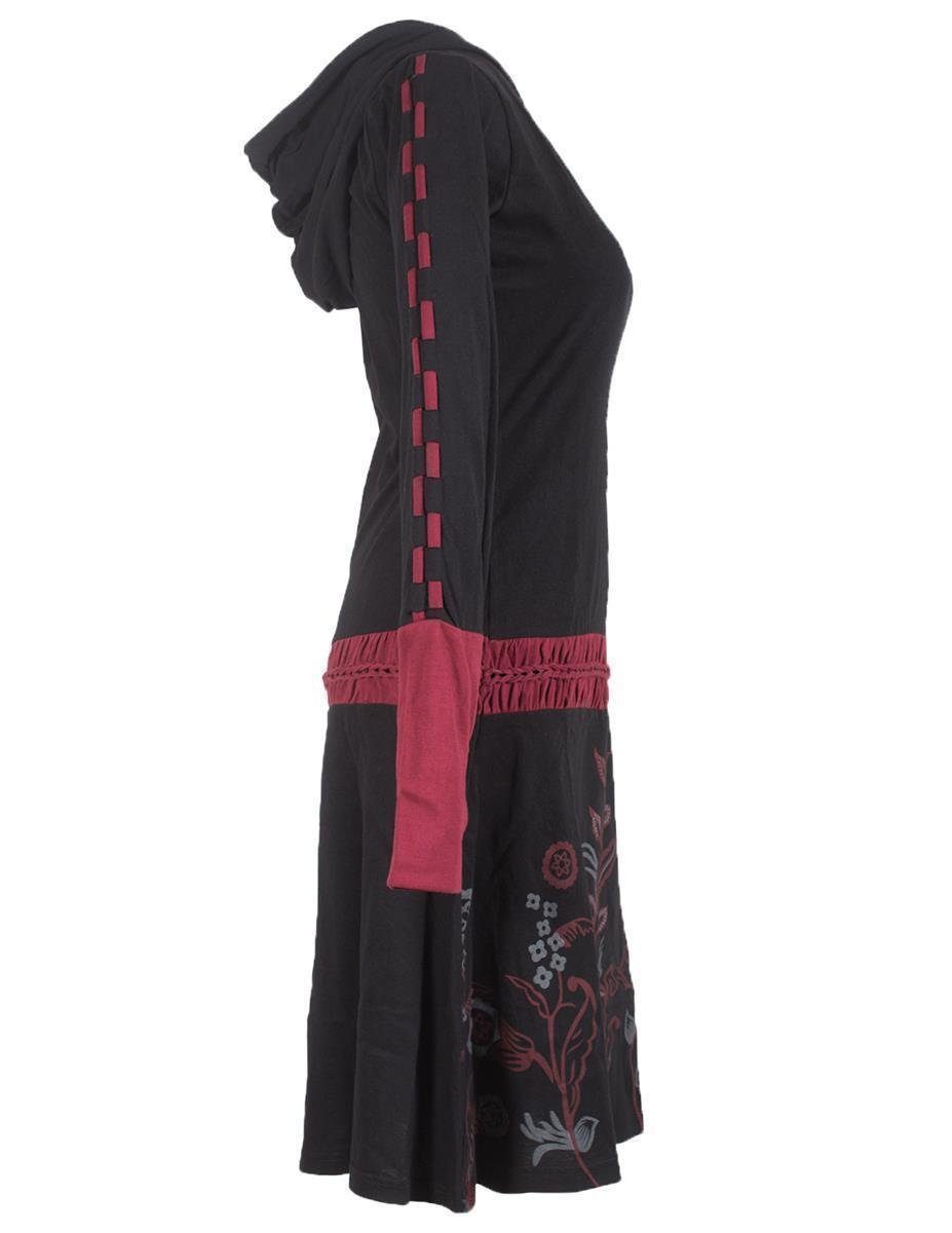 Gürtel Kleid Boho, Kapuze Goa, Vishes mit Blumen Jerseykleid Style und Ethno, geknüpftem Elfen schwarz