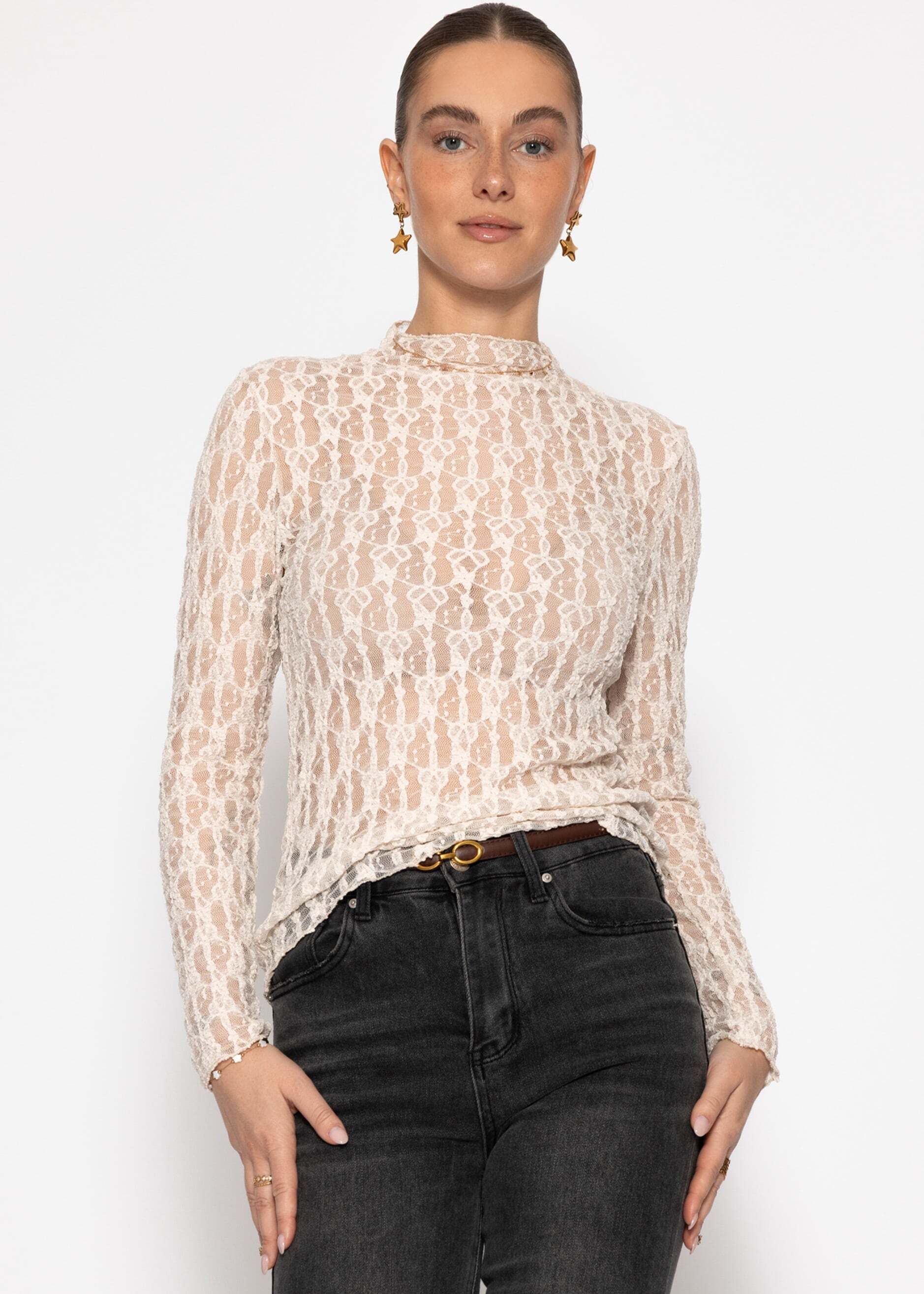 SASSYCLASSY Langarmshirt Langarm Spitzenshirt für Damen Figurbetontes Shirt aus transparenter Spitze mit floralem Muster