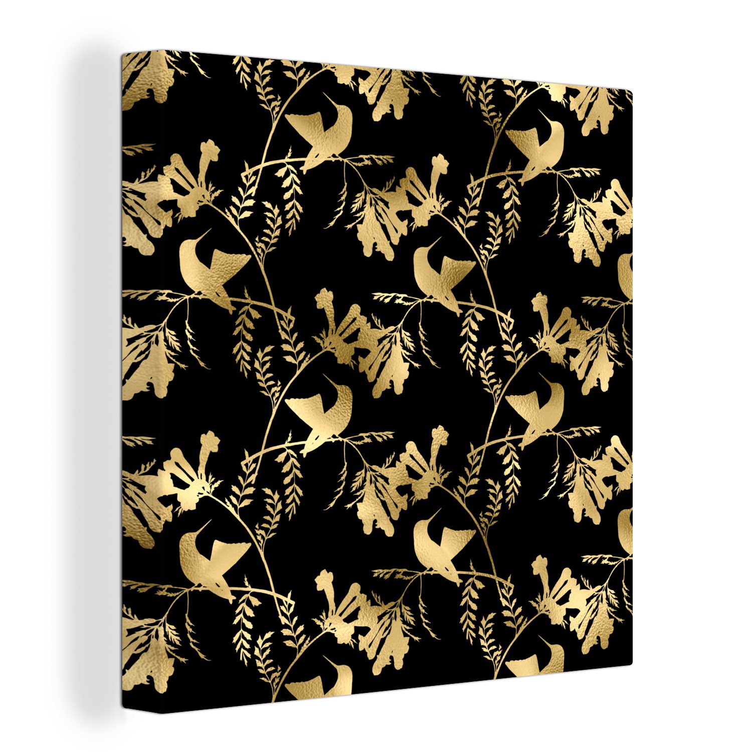 OneMillionCanvasses® Leinwandbild Muster - Vögel - Gold, (1 St), Leinwand Bilder für Wohnzimmer Schlafzimmer