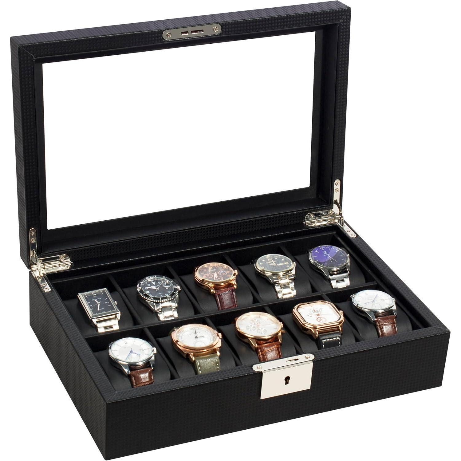 LuxusKollektion Uhrenbox Uhrenbox 10 Fächer Glasdeckel Metallschloss Schlüssel Schwarz