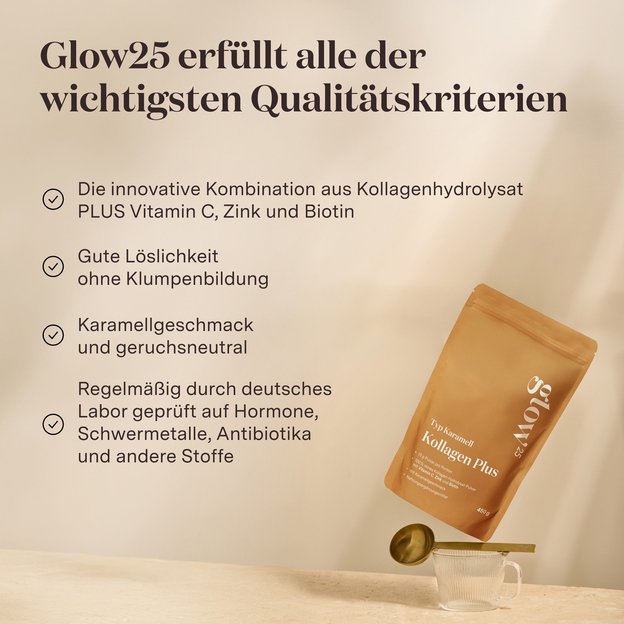 Glow25 Glow25® Collagen Plus Karamell [450g] mit Vitamin C, Zink und Biotin Pulver, 450 g