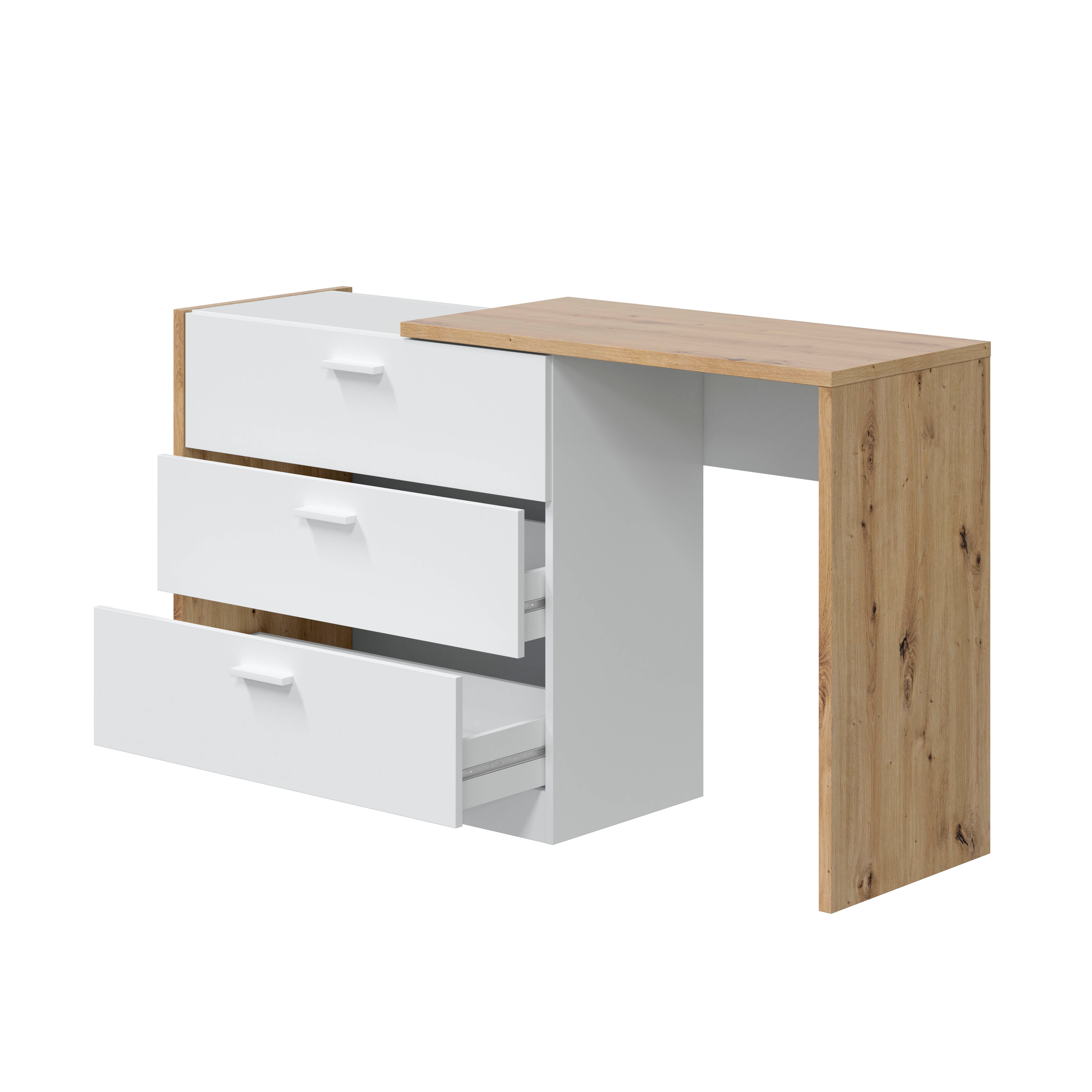 habeig Kombikommode Sideboard seitlich ausziehbar 81-130cm Nodi-Eiche und Weiss, mit seitlichem ausziehbarem Bereich