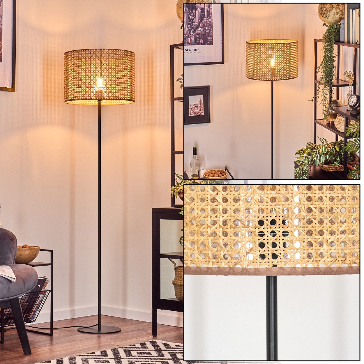 hofstein Stehlampe Stehlampe aus Metall/Wiener Geflecht/Rattan in Schwarz/N günstig online kaufen