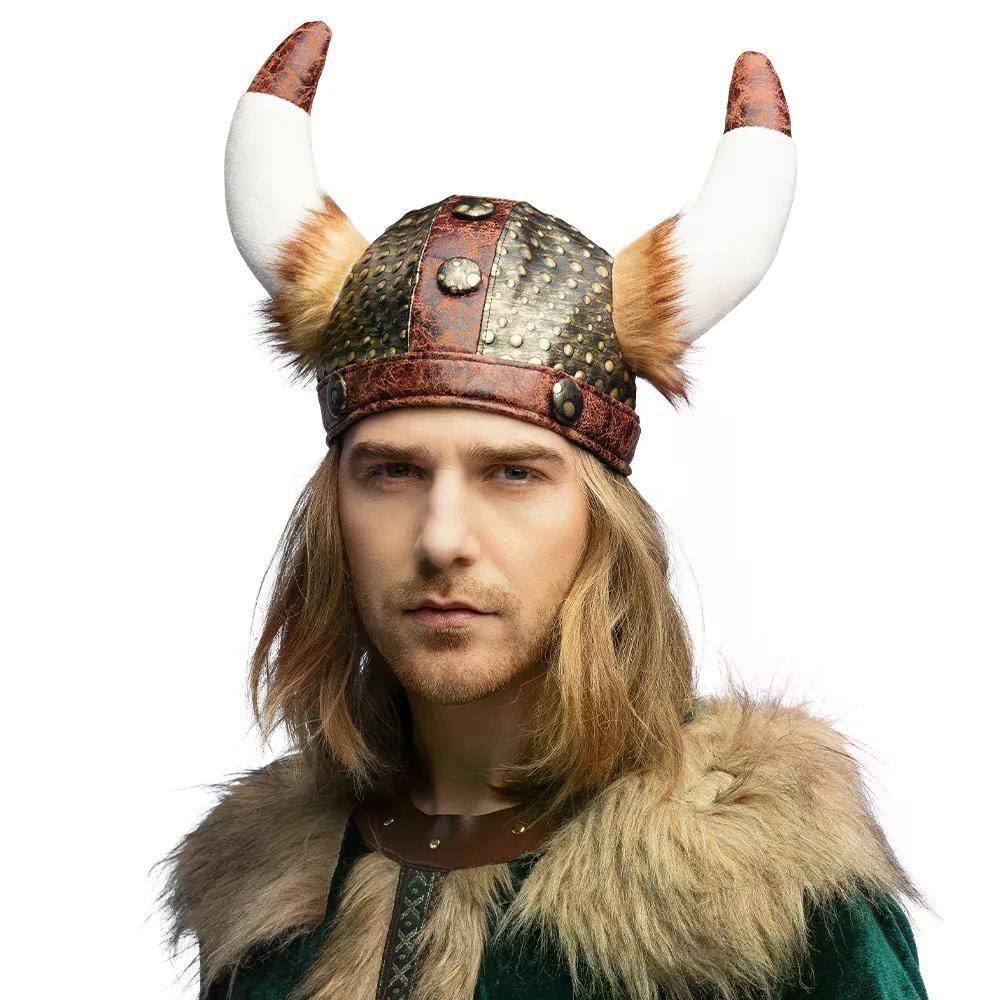 Boland Wikinger-Kostüm Plüsch Wikingerhelm Harald Kostüm-Helm 59 cm mit Hörnern für Karneval, mit großen Hörnern und dekorativen Fell-Elementen