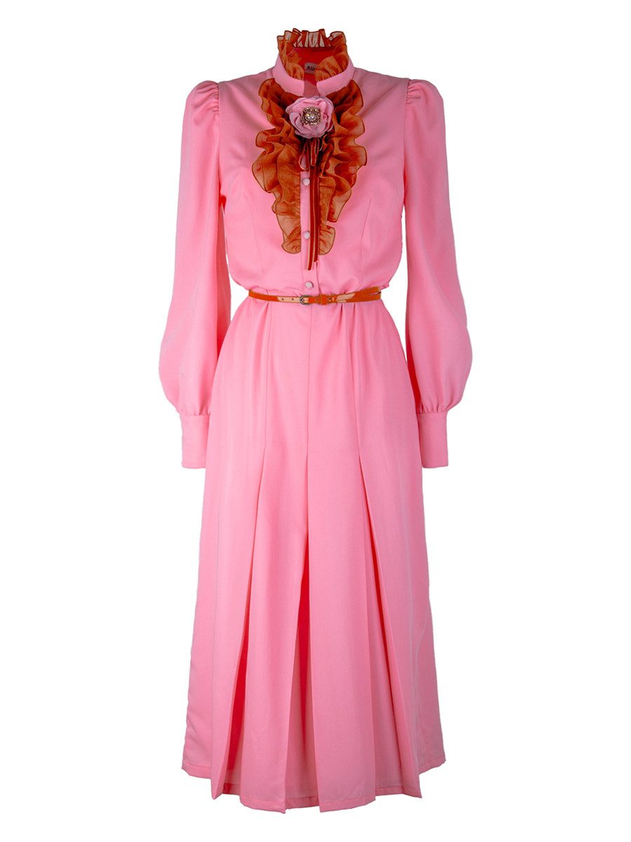 Midikleid Kleid aus Wolle mit Rüschen und Blumen-Brosche In Pink