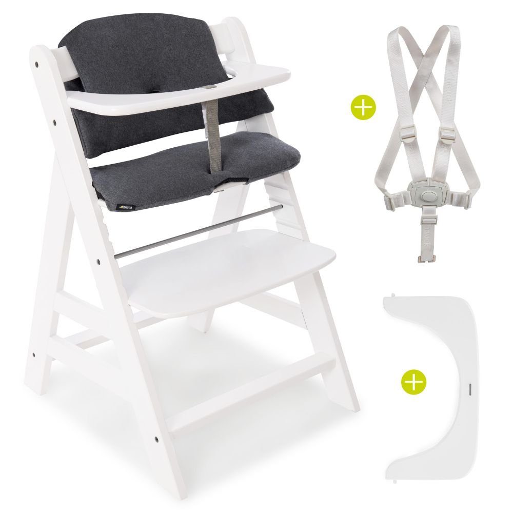 Hauck Hochstuhl Alpha Plus White (2 St), Mitwachsender Holz Kinderhochstuhl  mit Sitzauflage höhenverstellbar