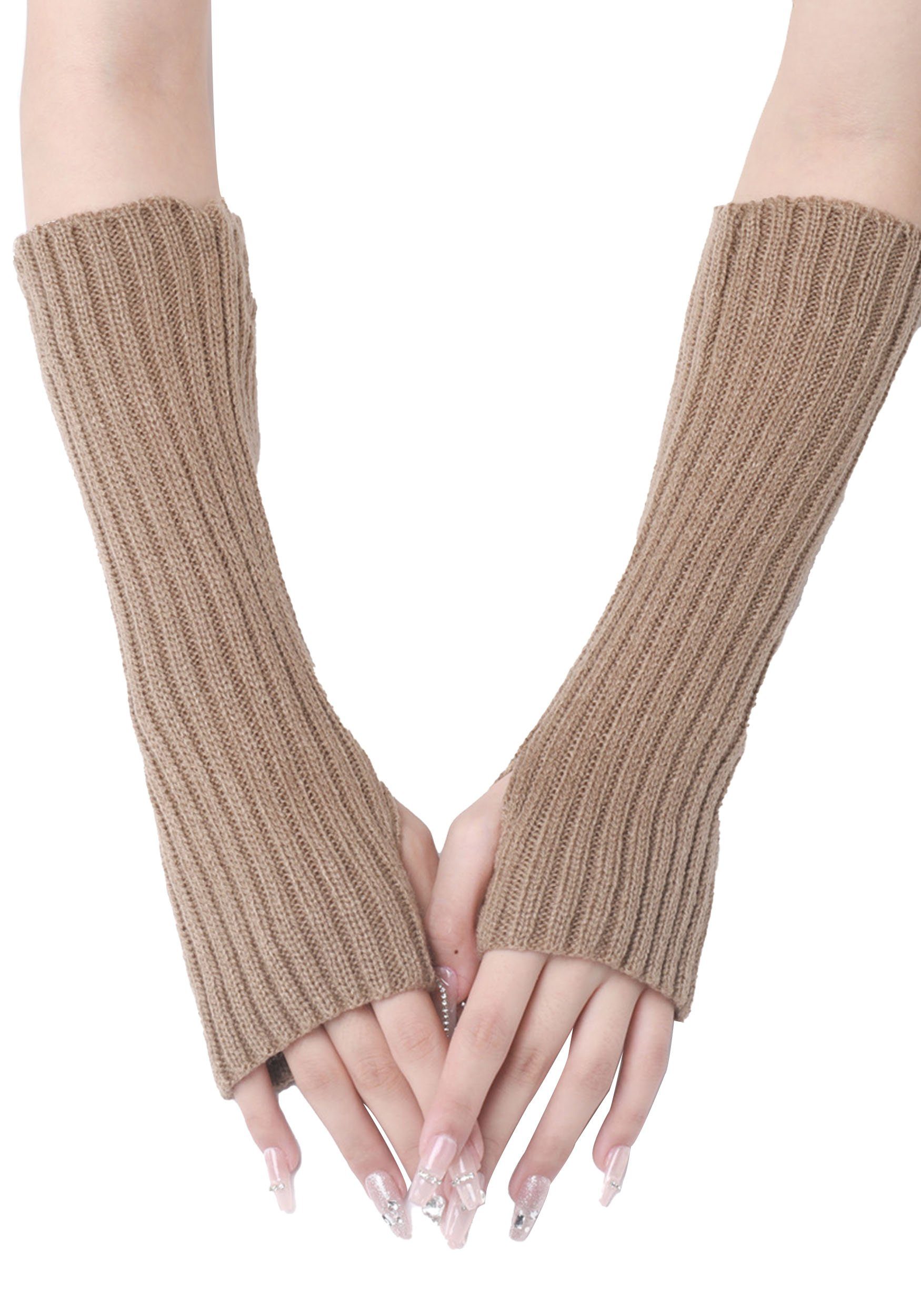 MAGICSHE Strickhandschuhe Lange Fingerlose Armwärmer Daumenloch Dehnbare Handschuhe für Frauen Khaki