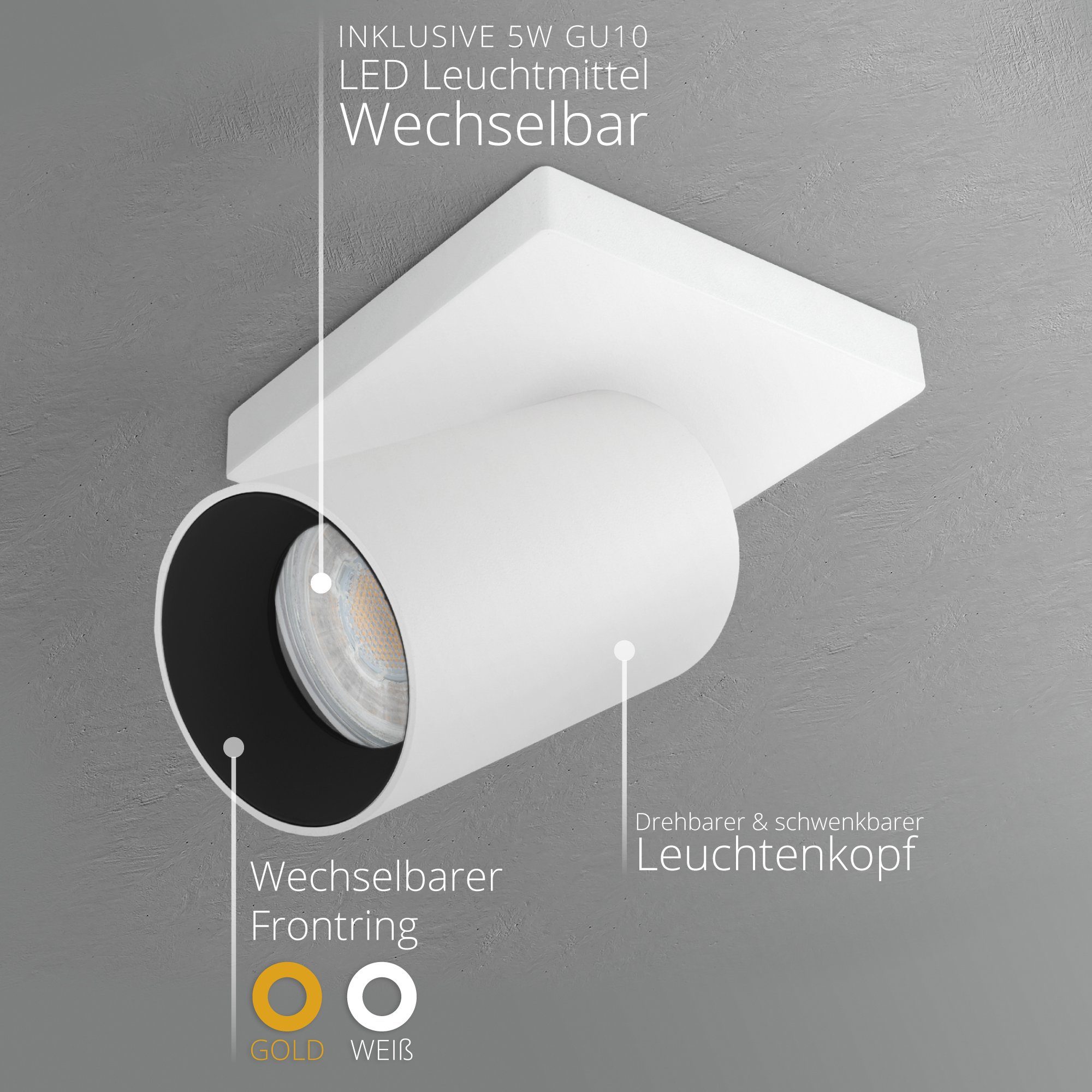 ALVO 6W, SSC-LUXon Schwarz Warmweiß Moderne Spot LED 1 Weiss mit GU10 Aufbauleuchte Deckenleuchte in