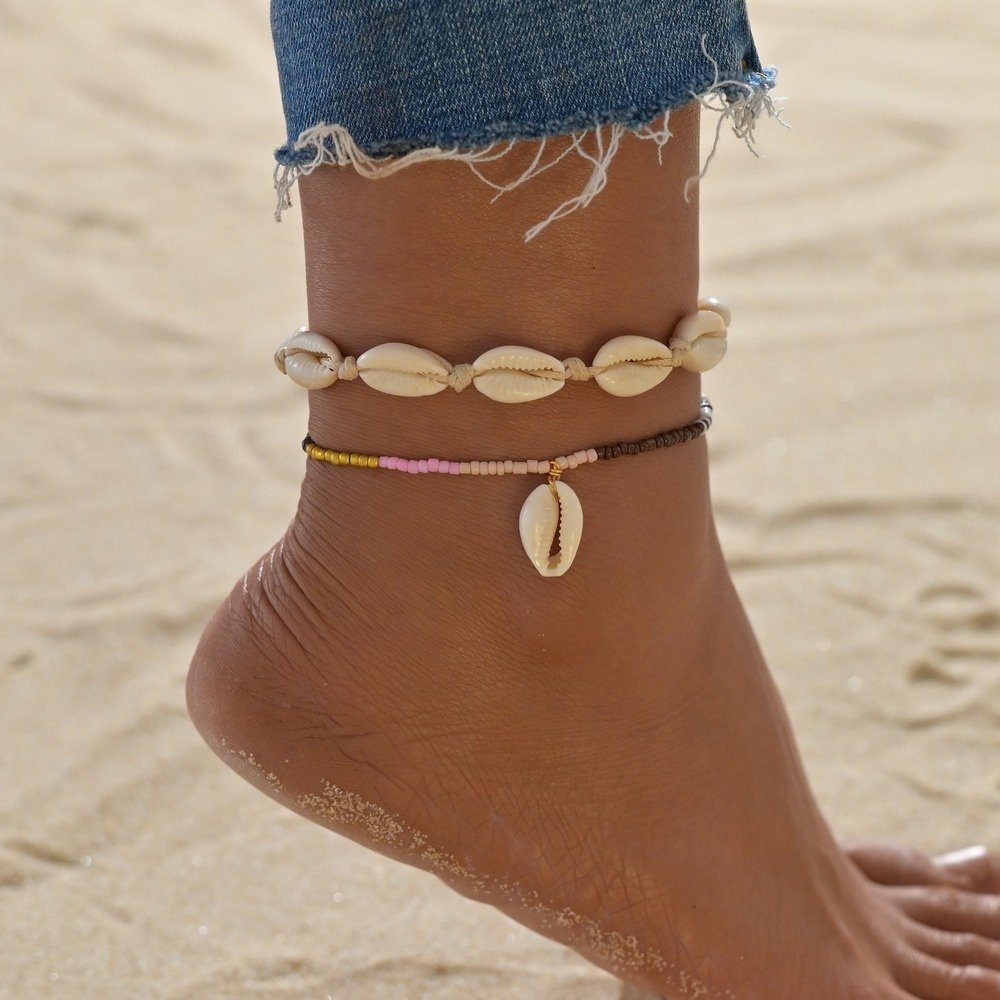 Fußkettchen,Damen Anhänger Muschel Strand mit Fußkettchen Dekorative Fußkettchen,Doppellagige Fußkette (2-tlg)