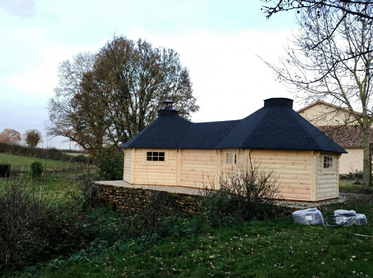 JVmoebel Grillkota Grillkota Grillhütte Holzpavillon Beige mit Grill und Feuerstelle, Made in Europe