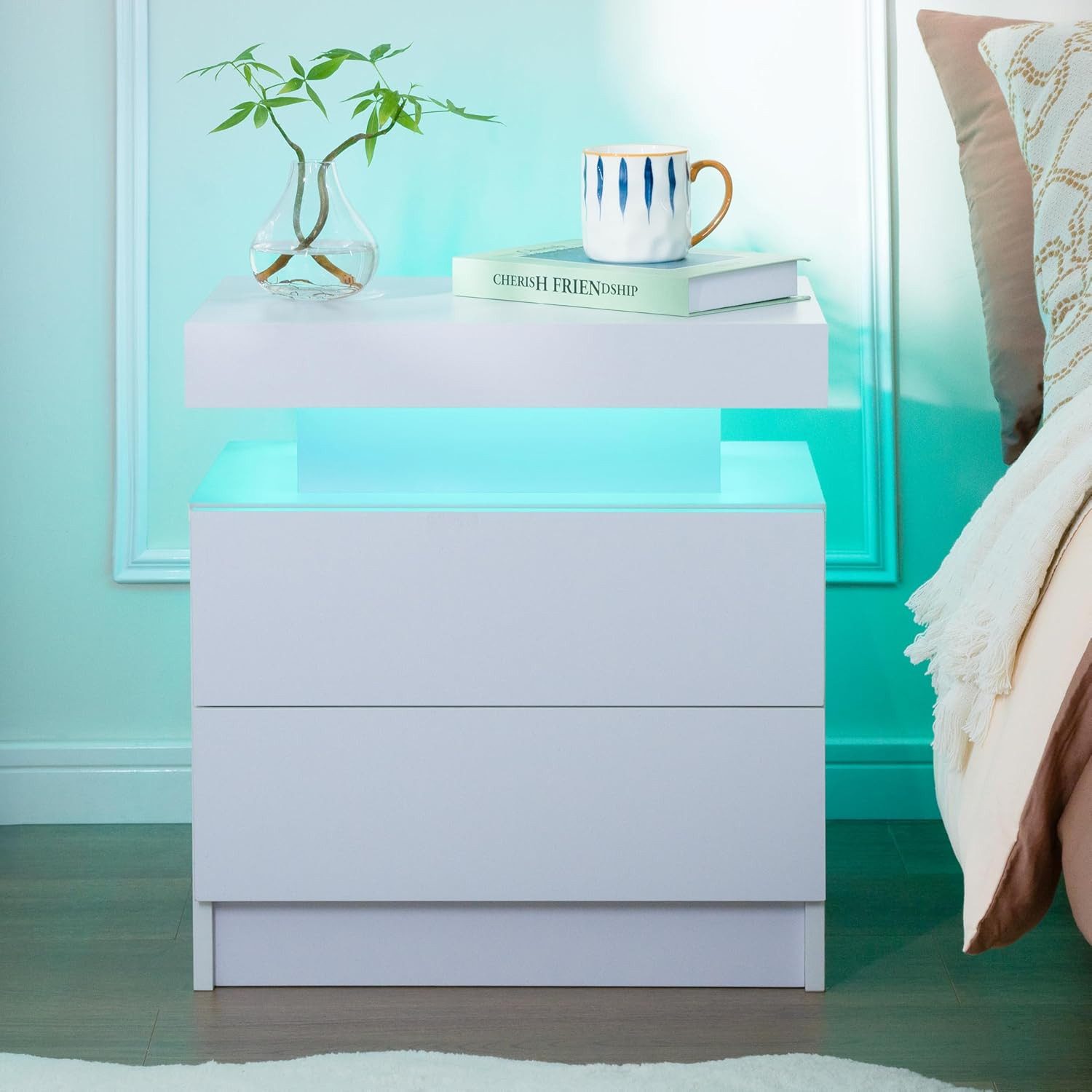 oyajia Nachttisch Hochglanz Nachtschrank mit 2 Schubladen,LED-Beleuchtung 16 Farben (Nachttisch mit LED Streifen, Beistelltisch), Nachttisch mit einstellbare Farben,Sofatisch, 45x35x55 cm Schwarz/Weiß