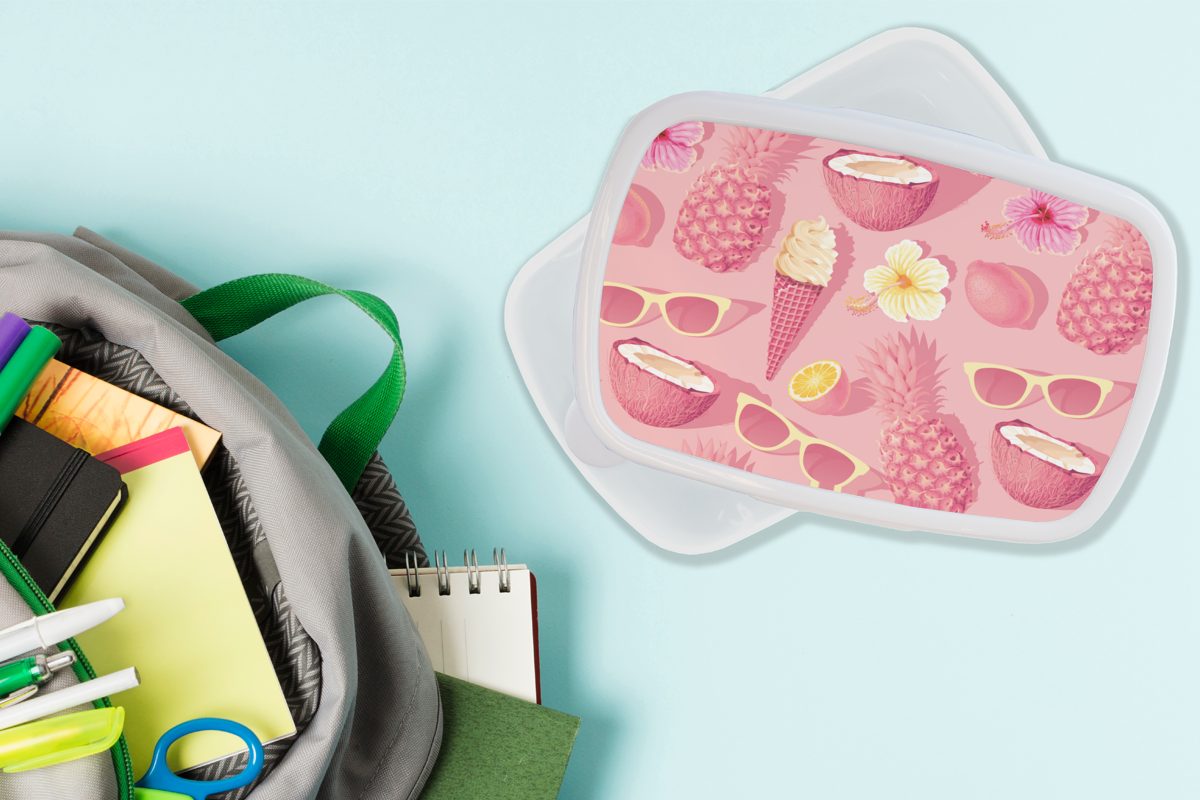 MuchoWow Brotdose, (2-tlg), und weiß Erwachsene, Brotbox Mädchen Kinder Jungs für Rosa, Lunchbox für - - und Kunststoff, Sommer Muster
