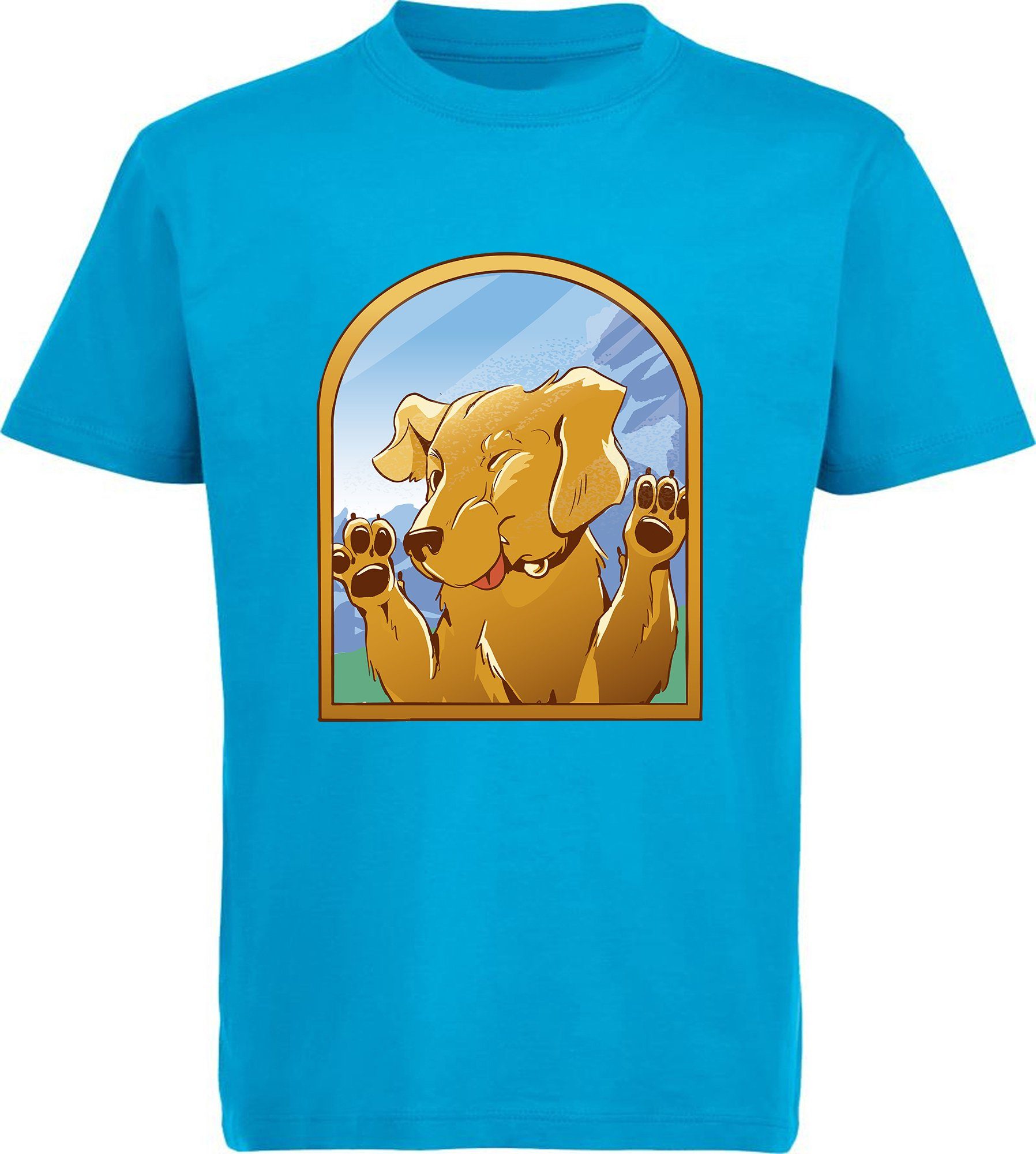 MyDesign24 Print-Shirt bedrucktes Kinder Hunde T-Shirt - Labrador gegen Fenster Baumwollshirt mit Aufdruck, i222 aqua blau