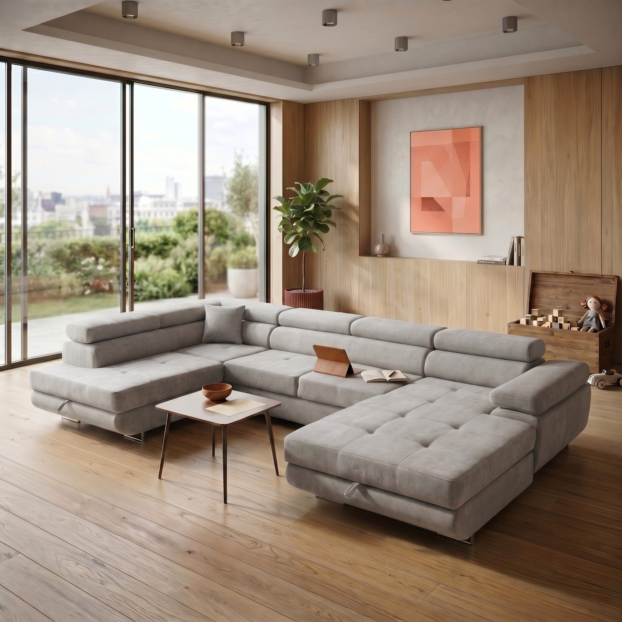 Muffo Ecksofa WILD U, Verstellbare Kopfstützen, elegante Metallbeine, 2 Bettzeugkasten, gelegentliche Schlaffunktion