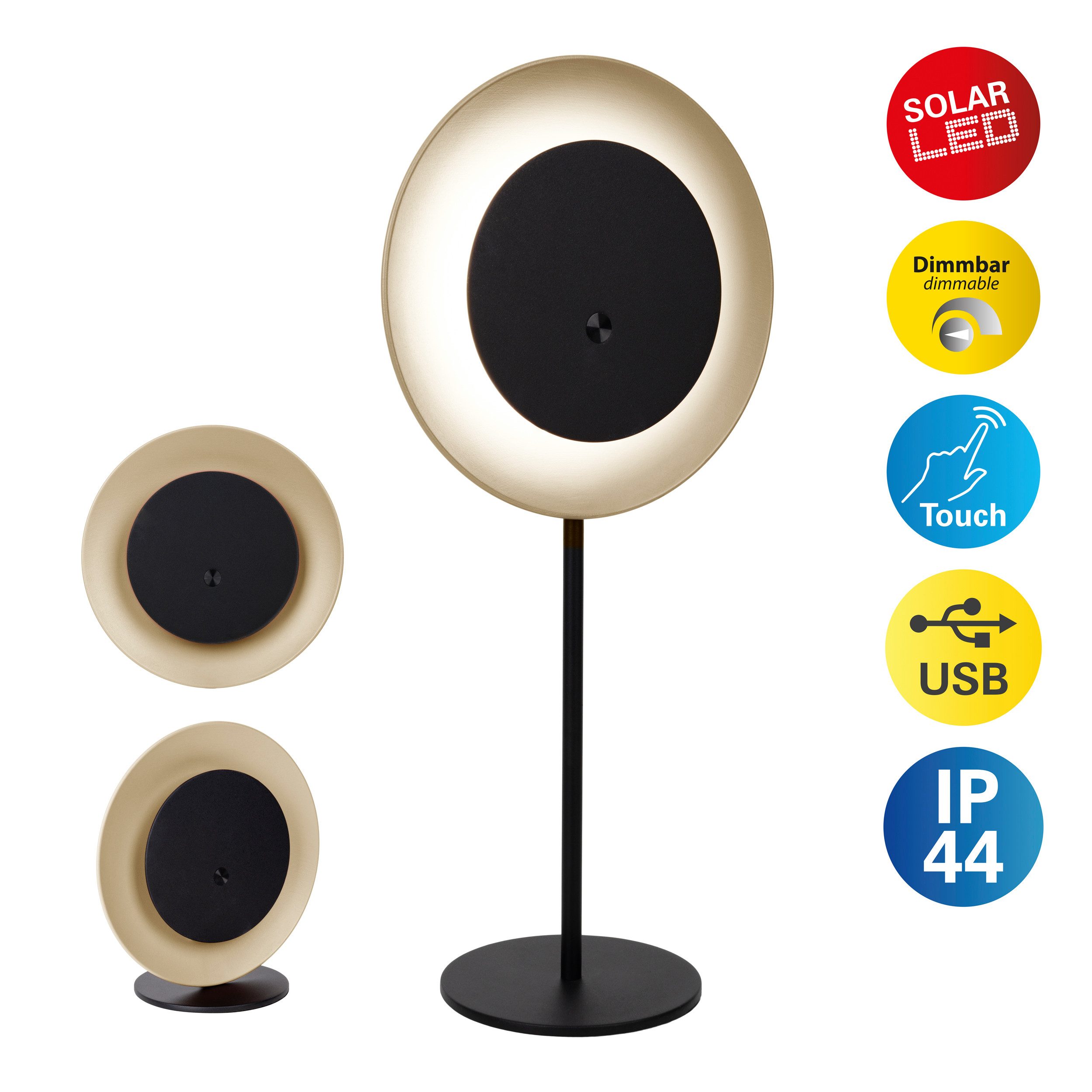 näve LED Solarleuchte Solan, Dimmfunktion, USB-Ladefunktion, LED fest integriert, Warmweiß, 4in1 Akku-Solar-Tisch-Hängeleuchte, Touchschalter, USB, dimmbar