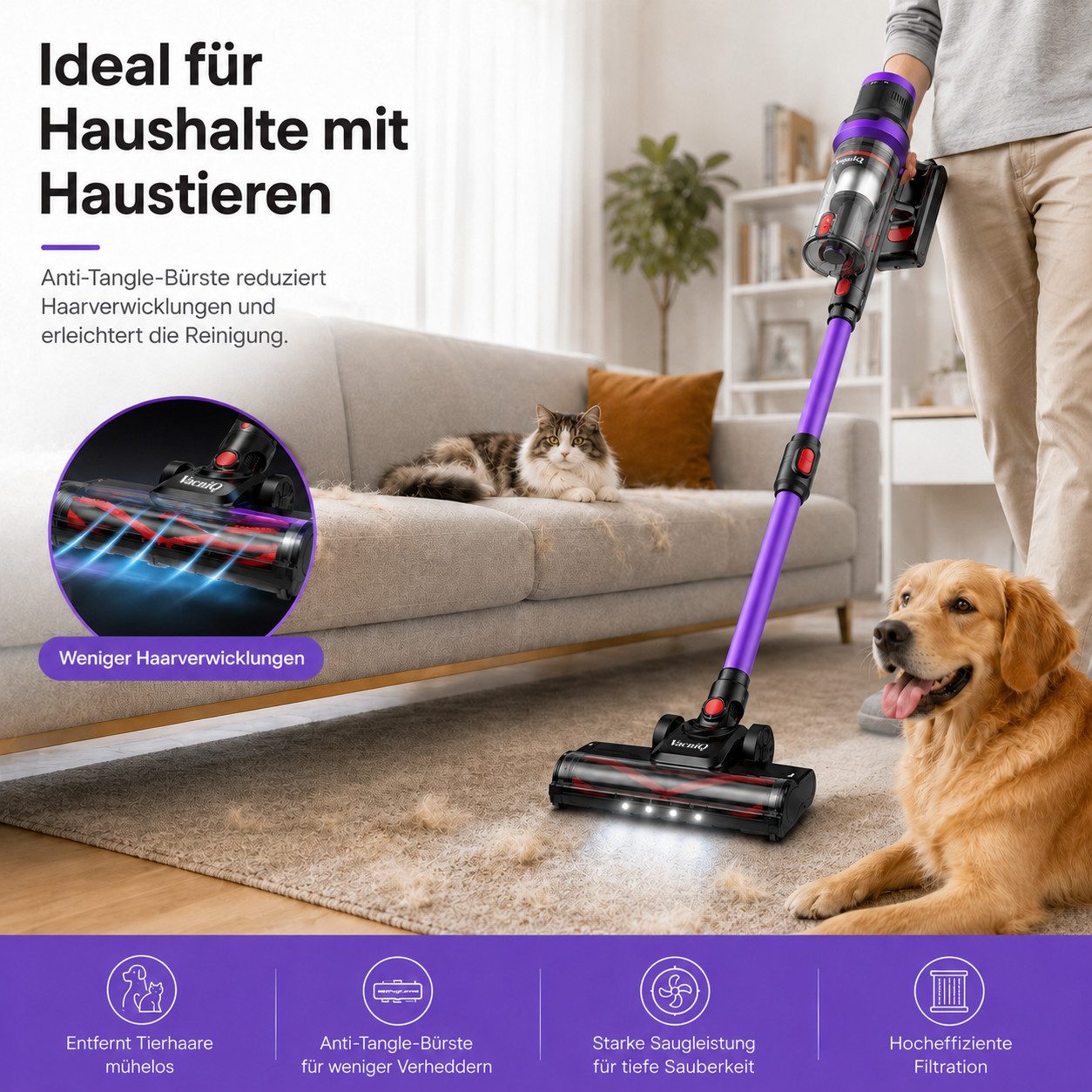 VacniQ Akku-Handstaubsauger kabellos, 35 kPa/465 W Akkusauger beutellos, 0,8 L, Anti-Tangle,LED, 465 W, beutellos, 5-stufiger Filter, für Tierhaare, Teppich & Hartboden
