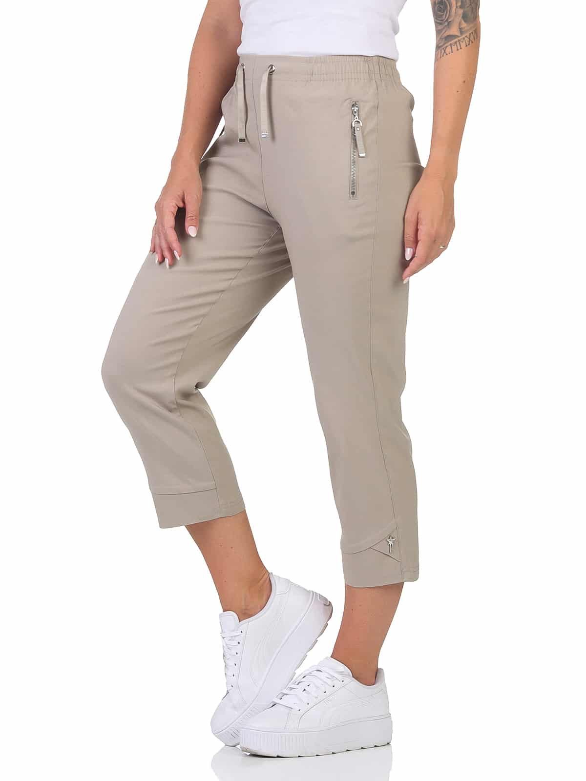 Alica Collection 7/8-Hose Sommerhose Damen Stretch Caprihose kurze Chinohose elastischer Gummibund mit Kordelzug, Taschen mit Reißverschluss