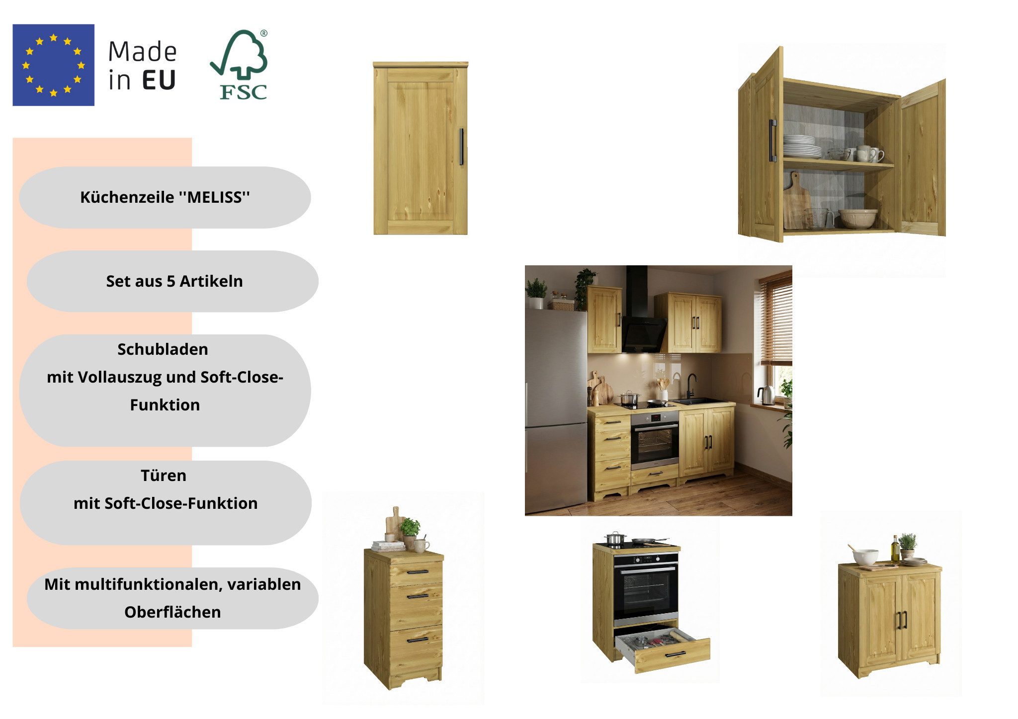 Home affaire Küchenzeile Meliss, aus massiver Kiefer, mit Soft-Close-Funktion, 5-teiliges Set