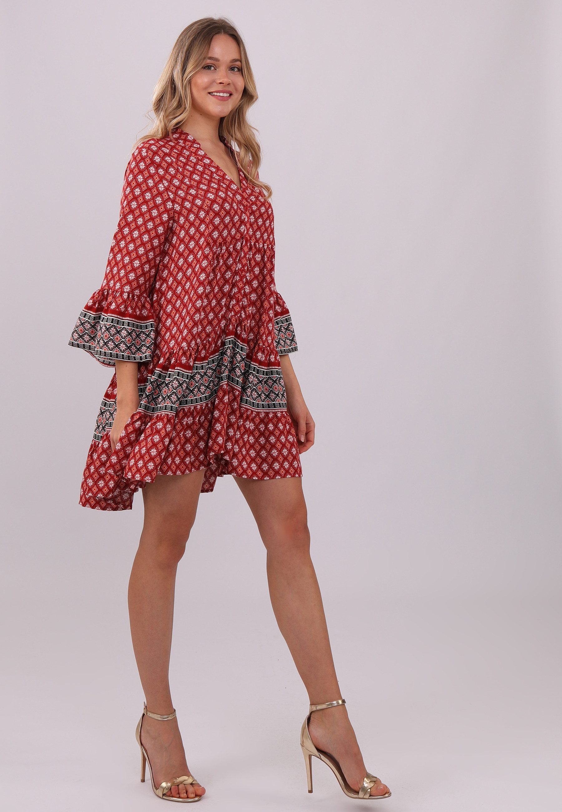 YC Fashion & Style Tunic Dress Dream Dress in Red with Ethnic Patterns All-Over Print