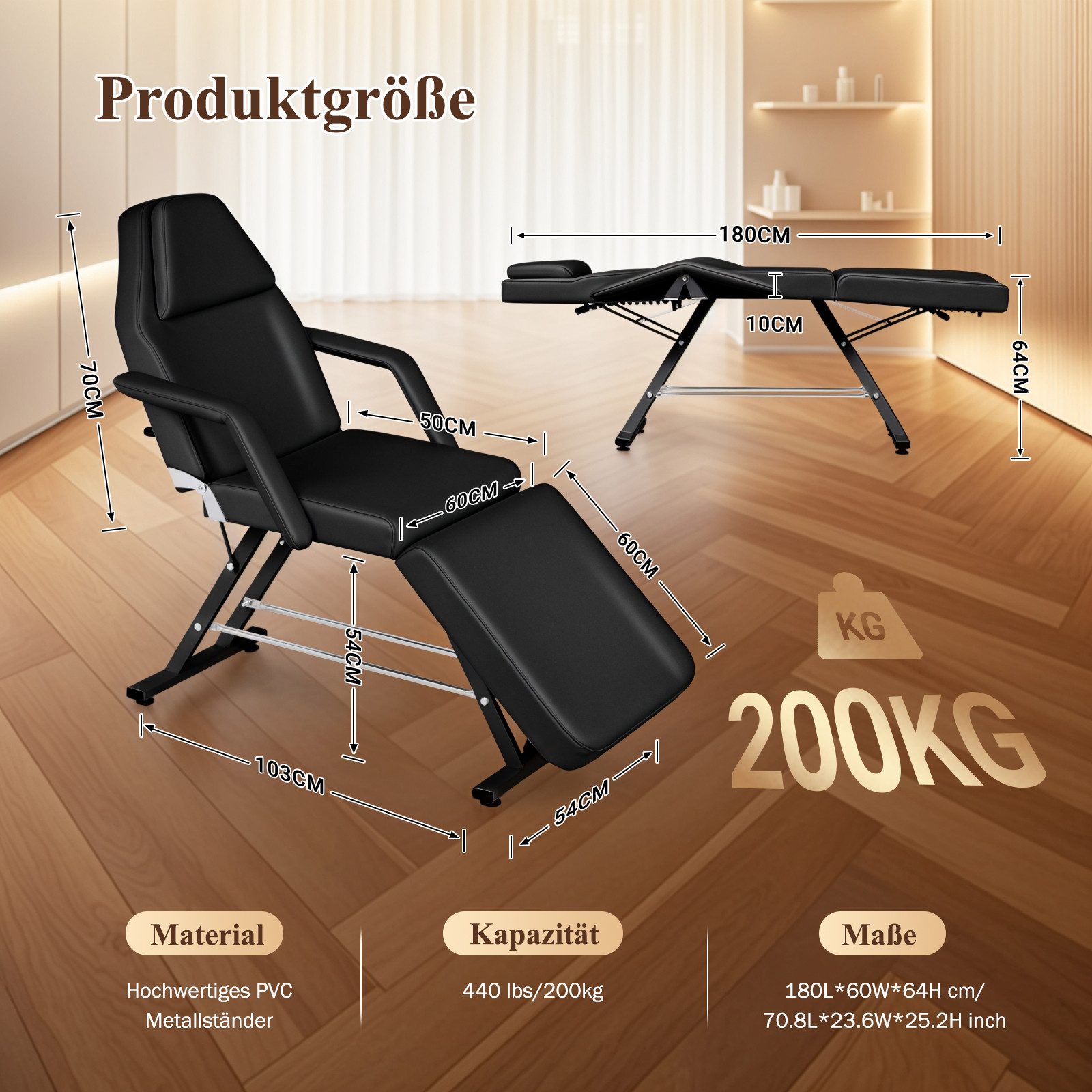Hausright Massageliege Kosmetikliege mit verstellbarer Rückenlehne & Fußstütze, bis 200 kg, Mehrfach einstellbar, Wasserdichte Materialien, Stabile Basis