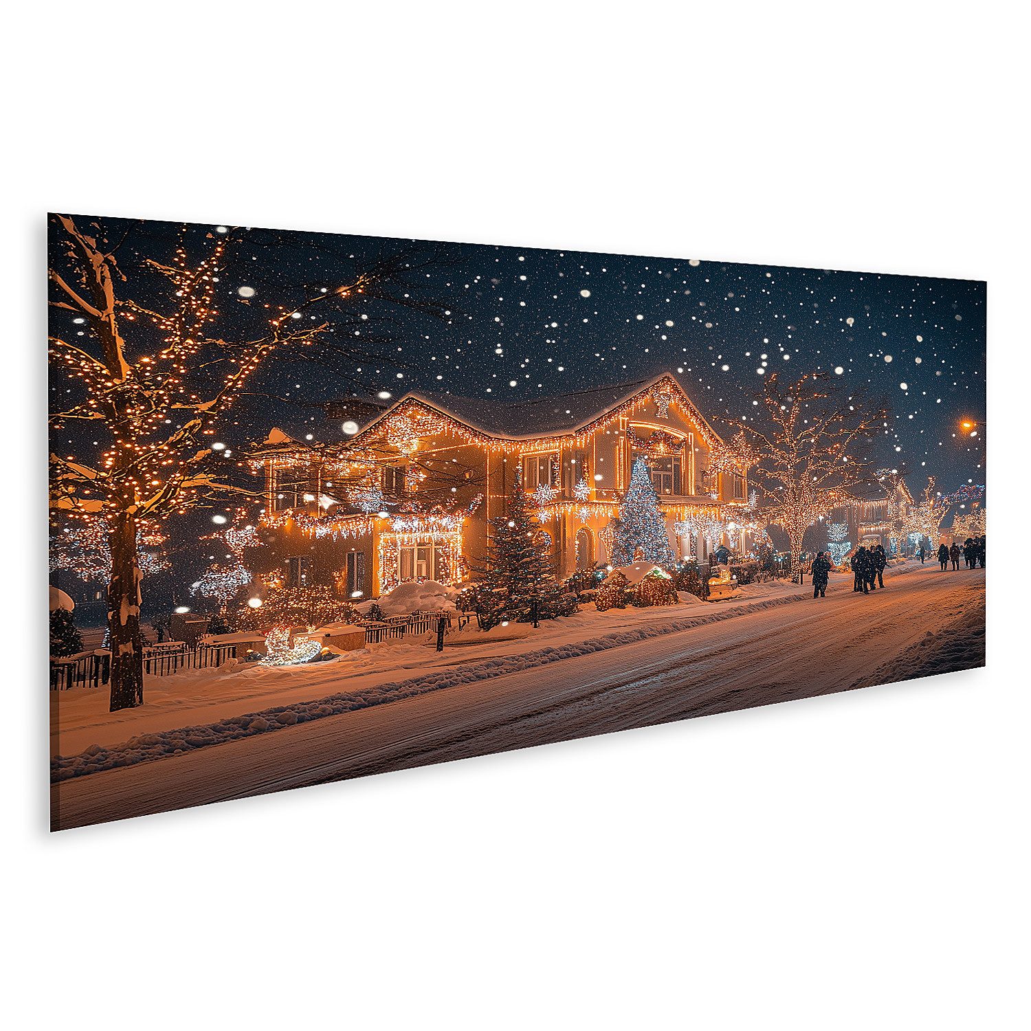 islandburner Leinwandbild Verschneite Weihnachtsstraße mit Beleuchtung günstig online kaufen